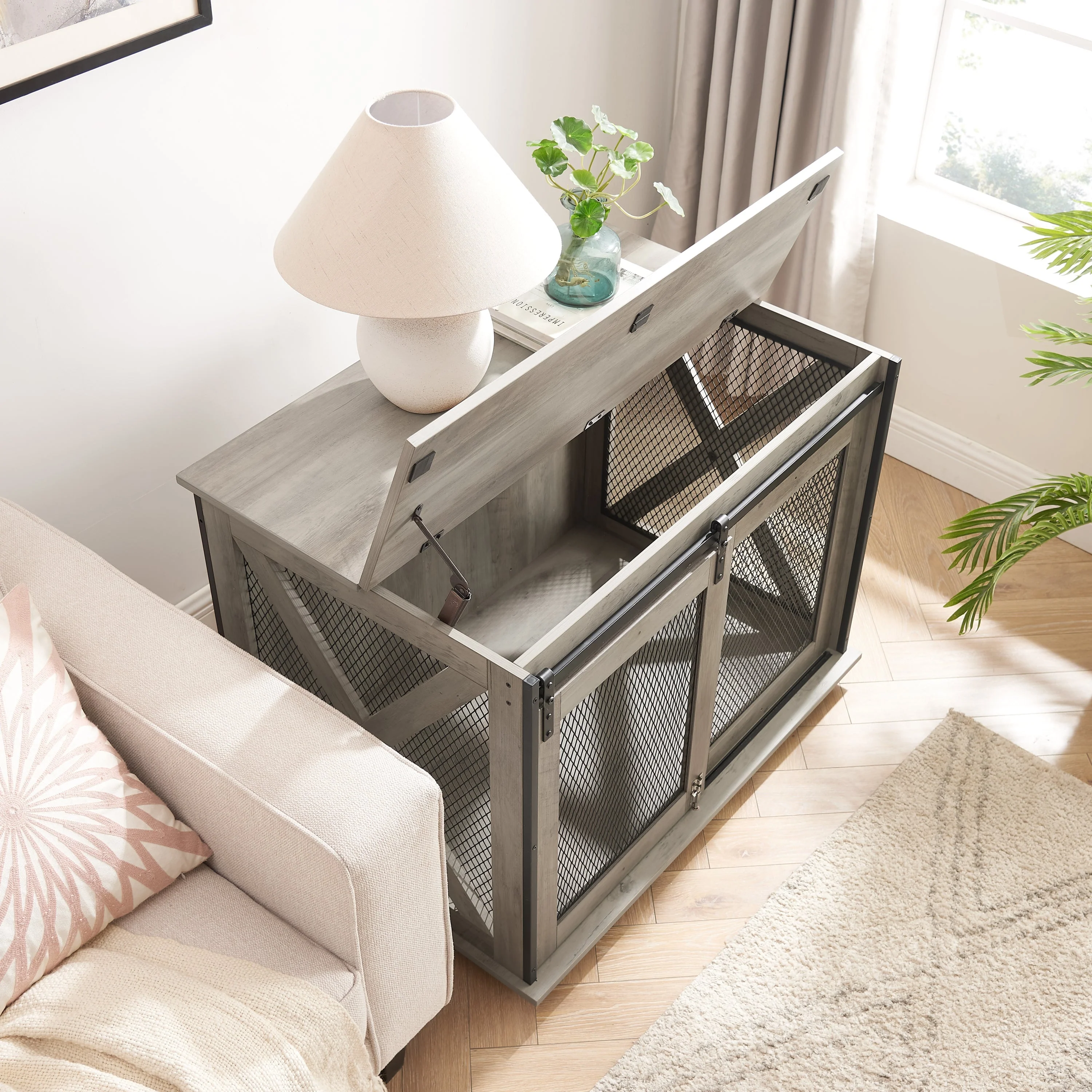 Farmhouse Dog Cage Crate Furniture with Sliding Barn Door - Image 4