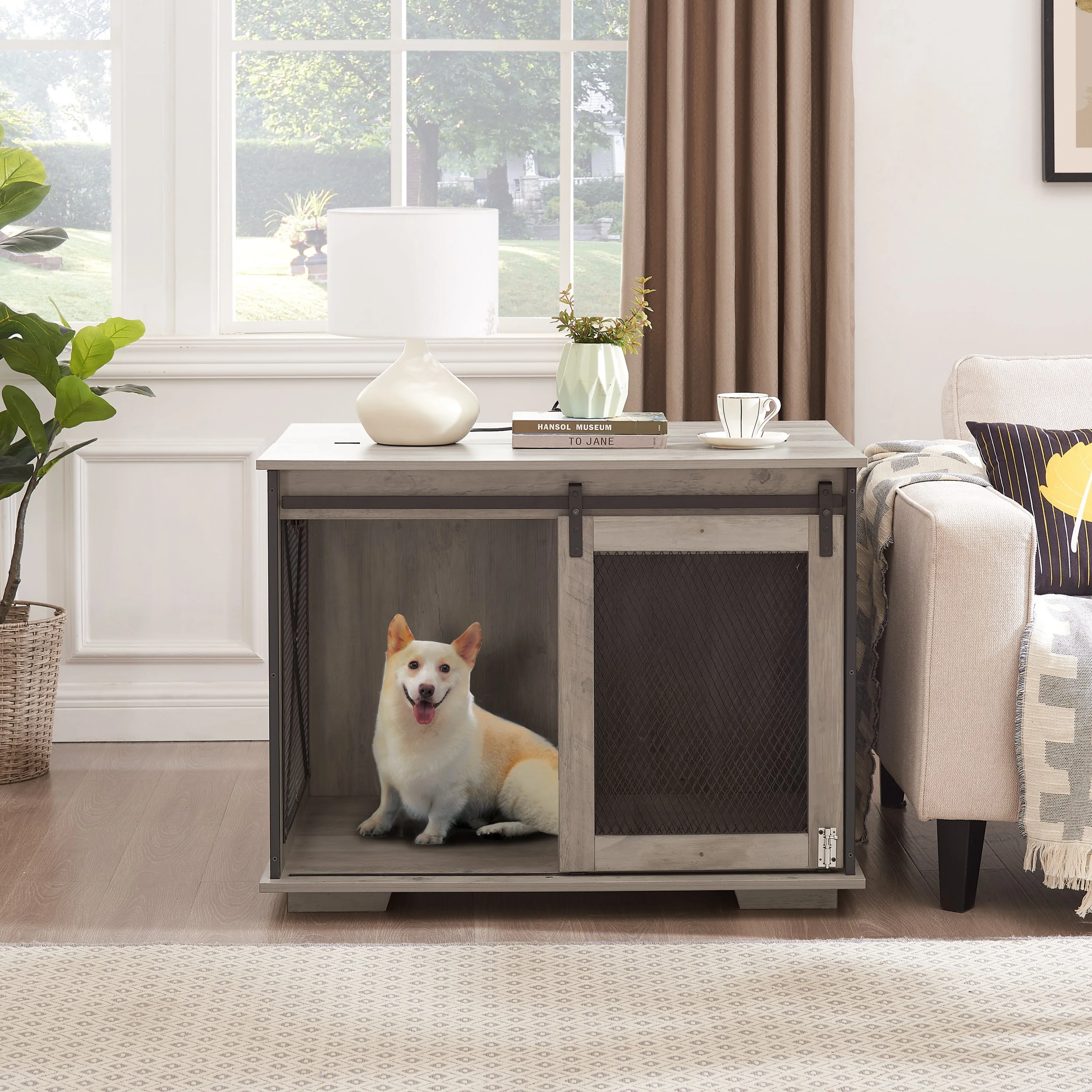 Farmhouse Dog Cage Crate Furniture with Sliding Barn Door - Image 5