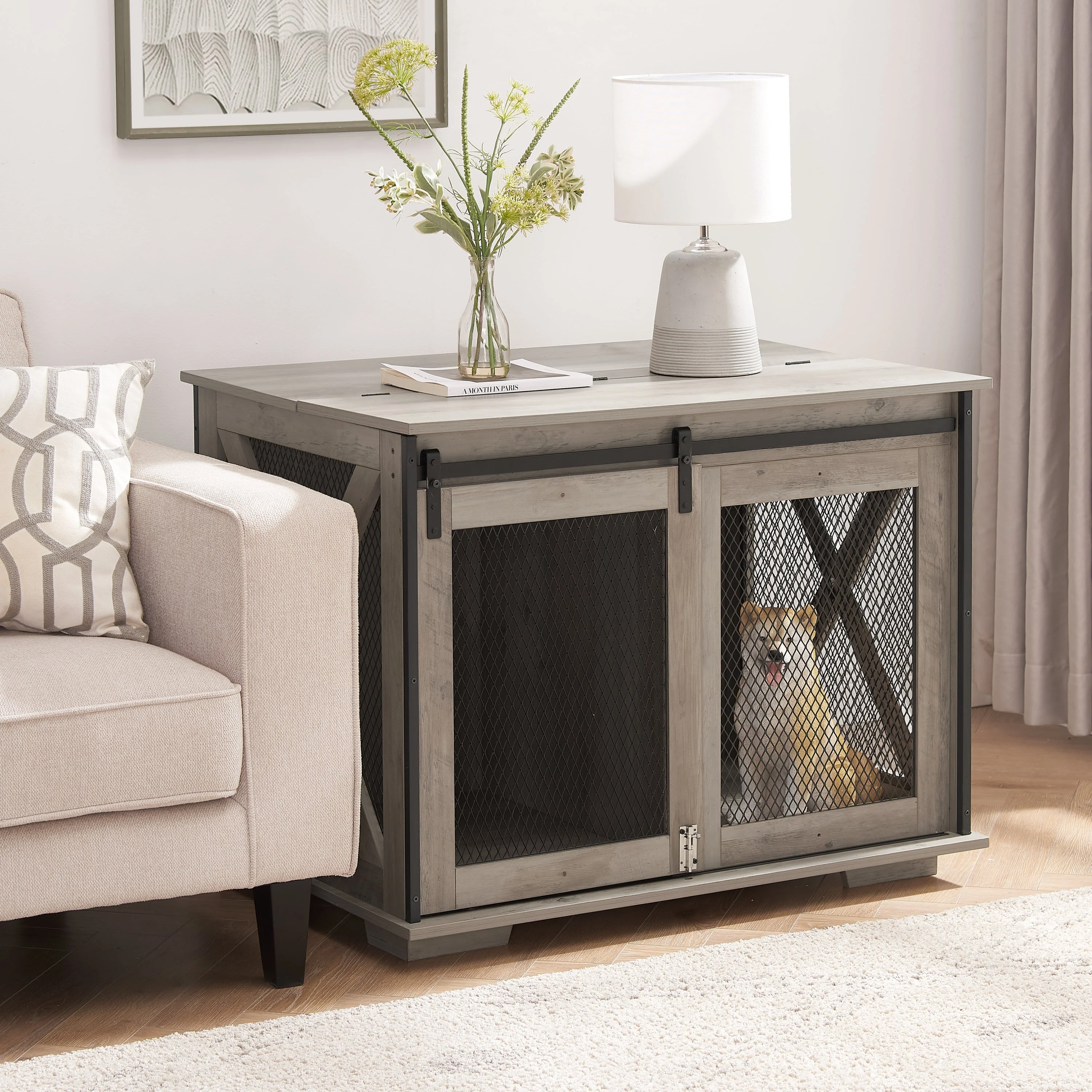 Farmhouse Dog Cage Crate Furniture with Sliding Barn Door - Image 6