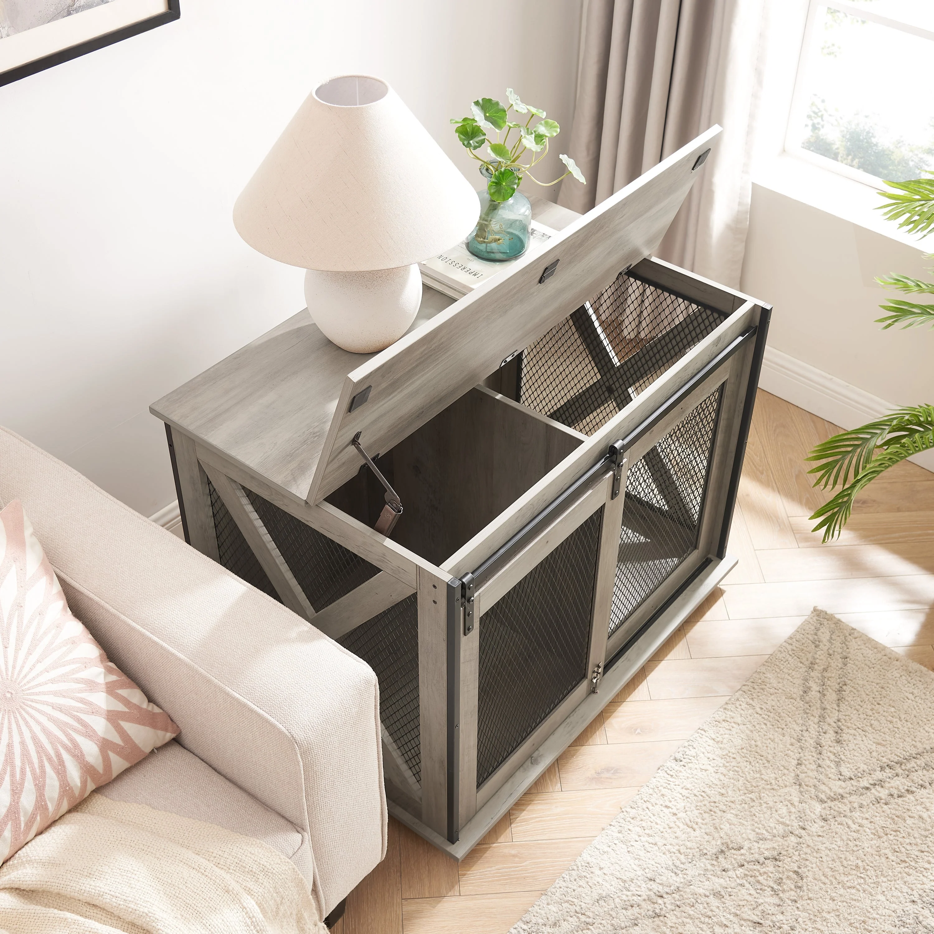Farmhouse Dog Cage Crate Furniture with Sliding Barn Door - Image 7
