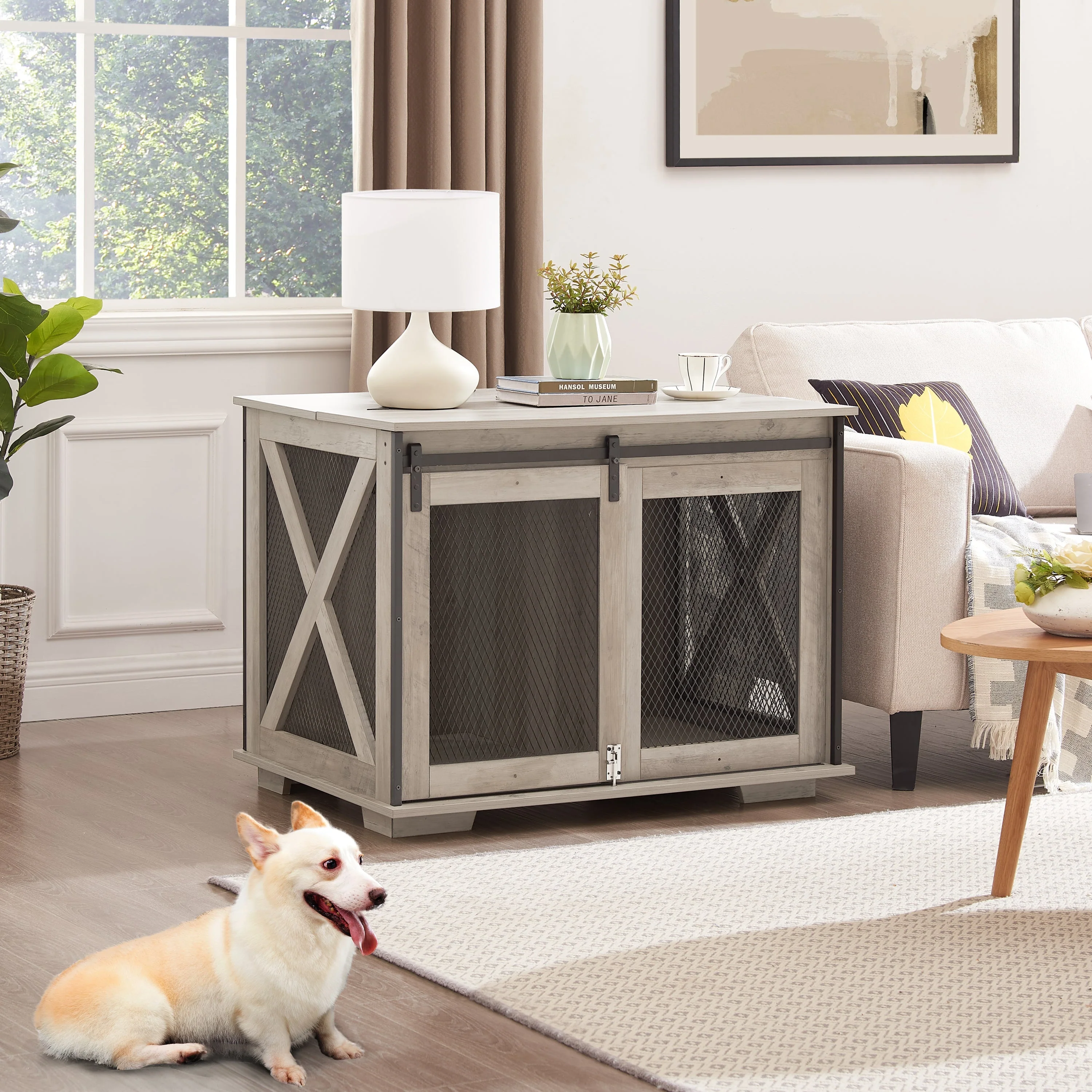 Farmhouse Dog Cage Crate Furniture with Sliding Barn Door - Image 8