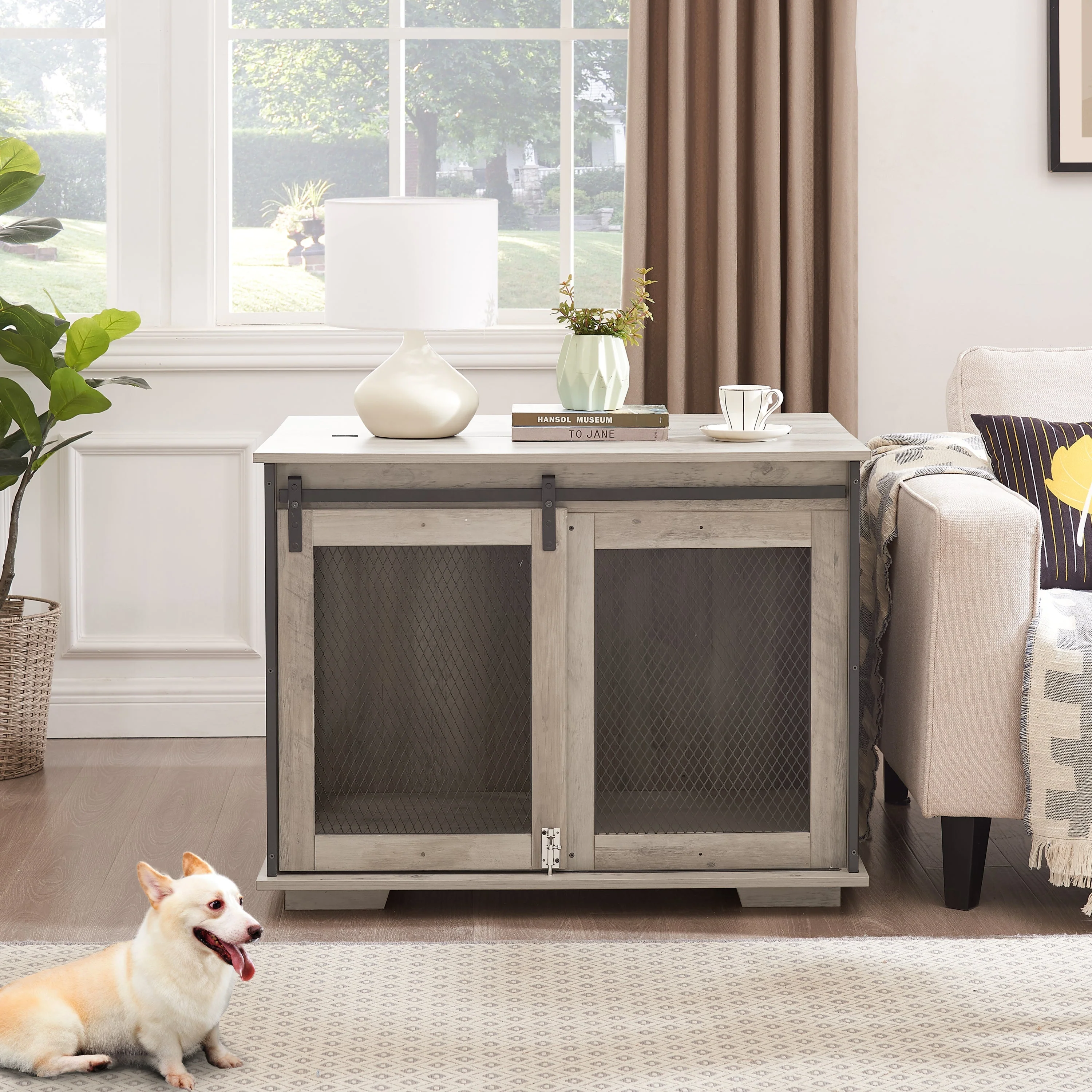 Farmhouse Dog Cage Crate Furniture with Sliding Barn Door - Image 9