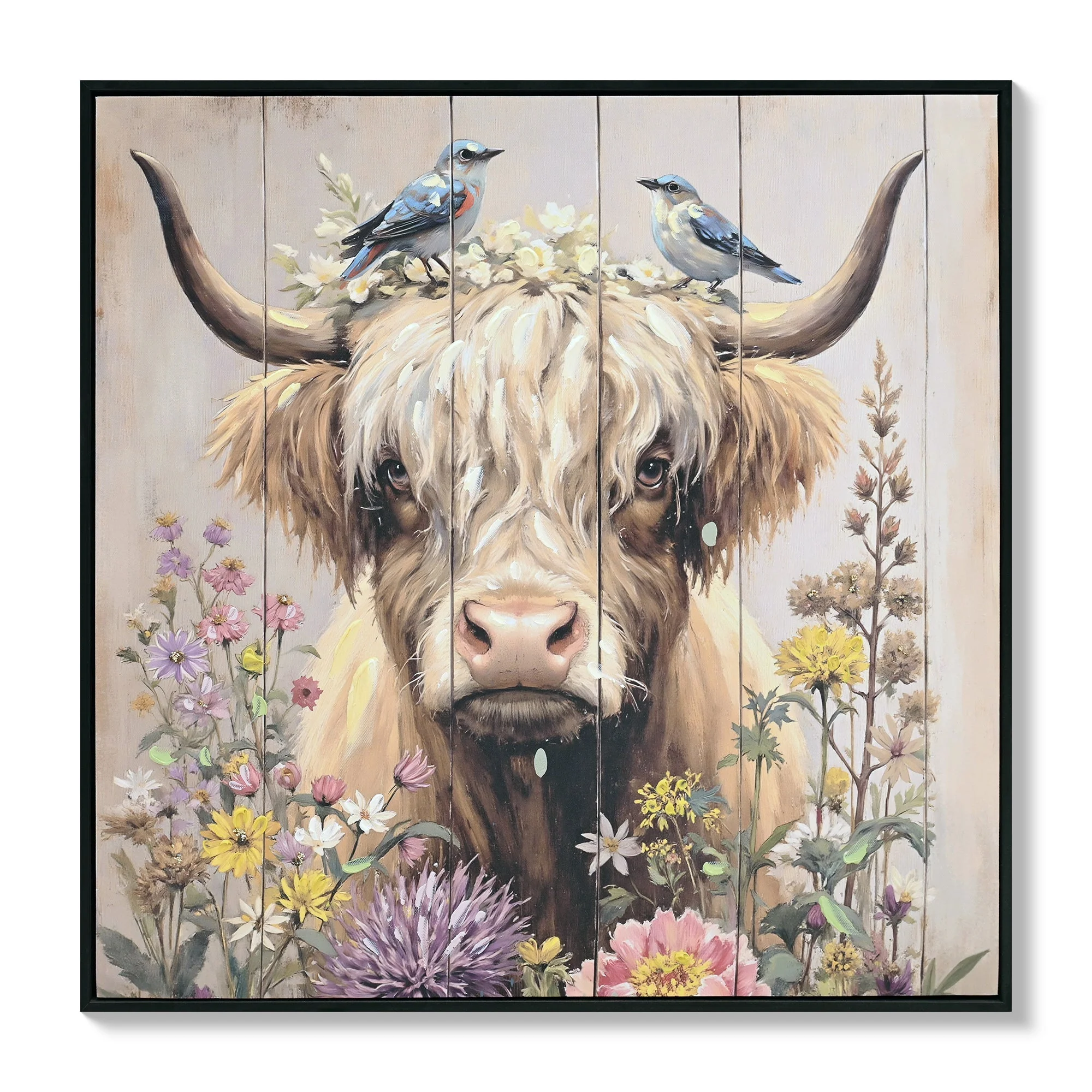 Farmhouse Highland Cow Wall Decor in Neutral colour: Rustic Cow and Chrysanthemum picture Canvas Art Print, Gift for Bathroom or Kitchen, Ideal Animal Artwork for Living Room 24*24INCH