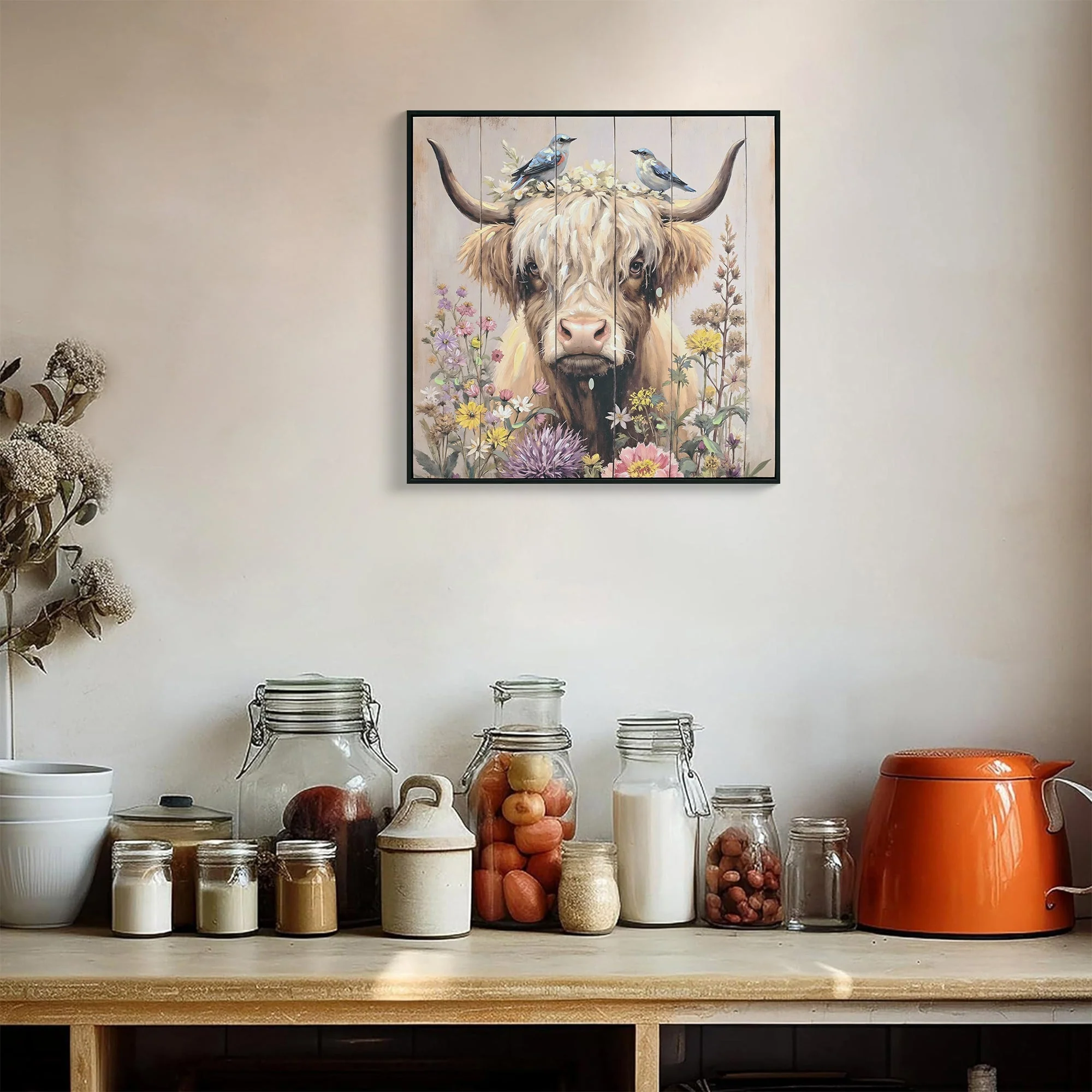 Farmhouse Highland Cow Wall Decor in Neutral colour: Rustic Cow and Chrysanthemum picture Canvas Art Print, Gift for Bathroom or Kitchen, Ideal Animal Artwork for Living Room 24*24INCH - Image 2