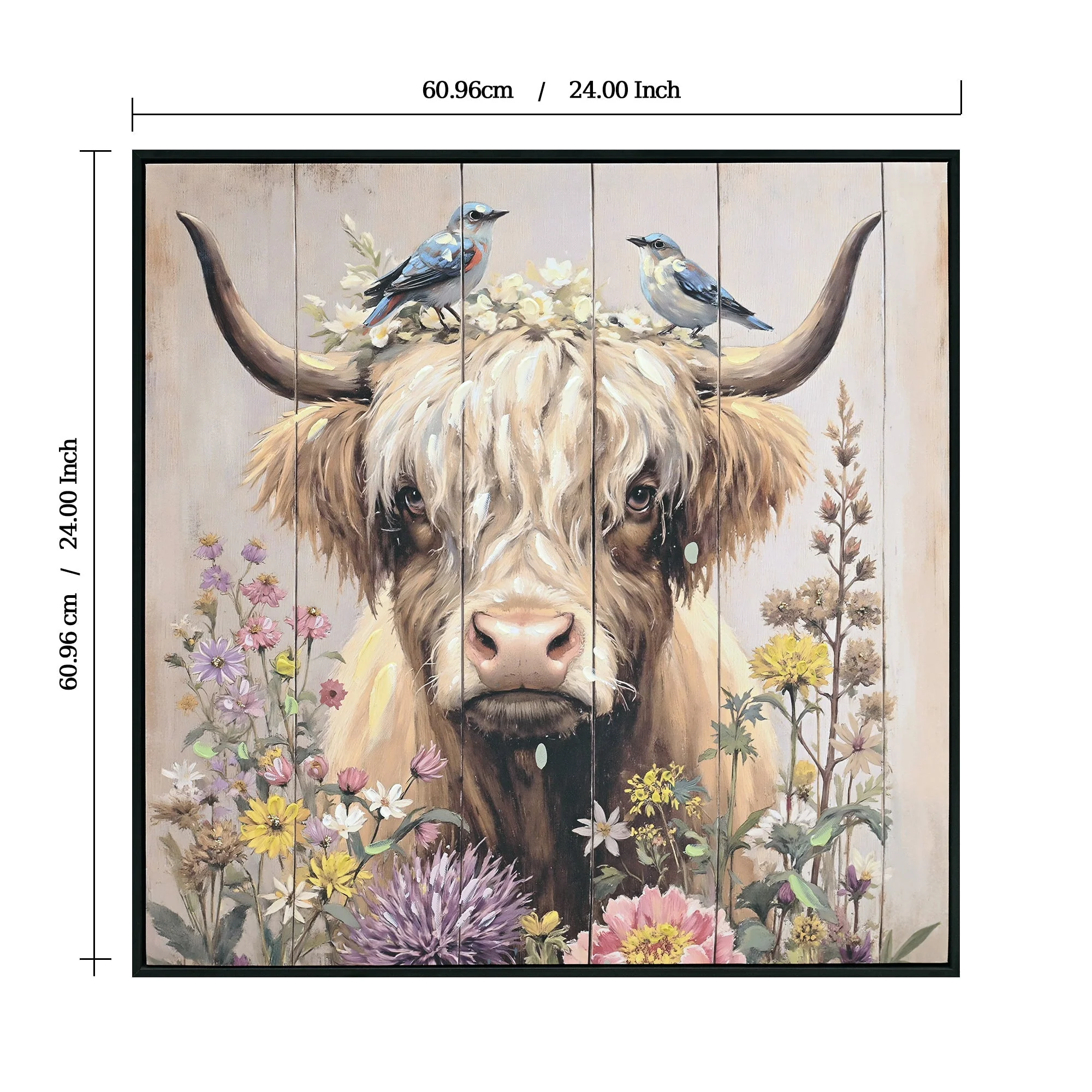 Farmhouse Highland Cow Wall Decor in Neutral colour: Rustic Cow and Chrysanthemum picture Canvas Art Print, Gift for Bathroom or Kitchen, Ideal Animal Artwork for Living Room 24*24INCH - Image 3