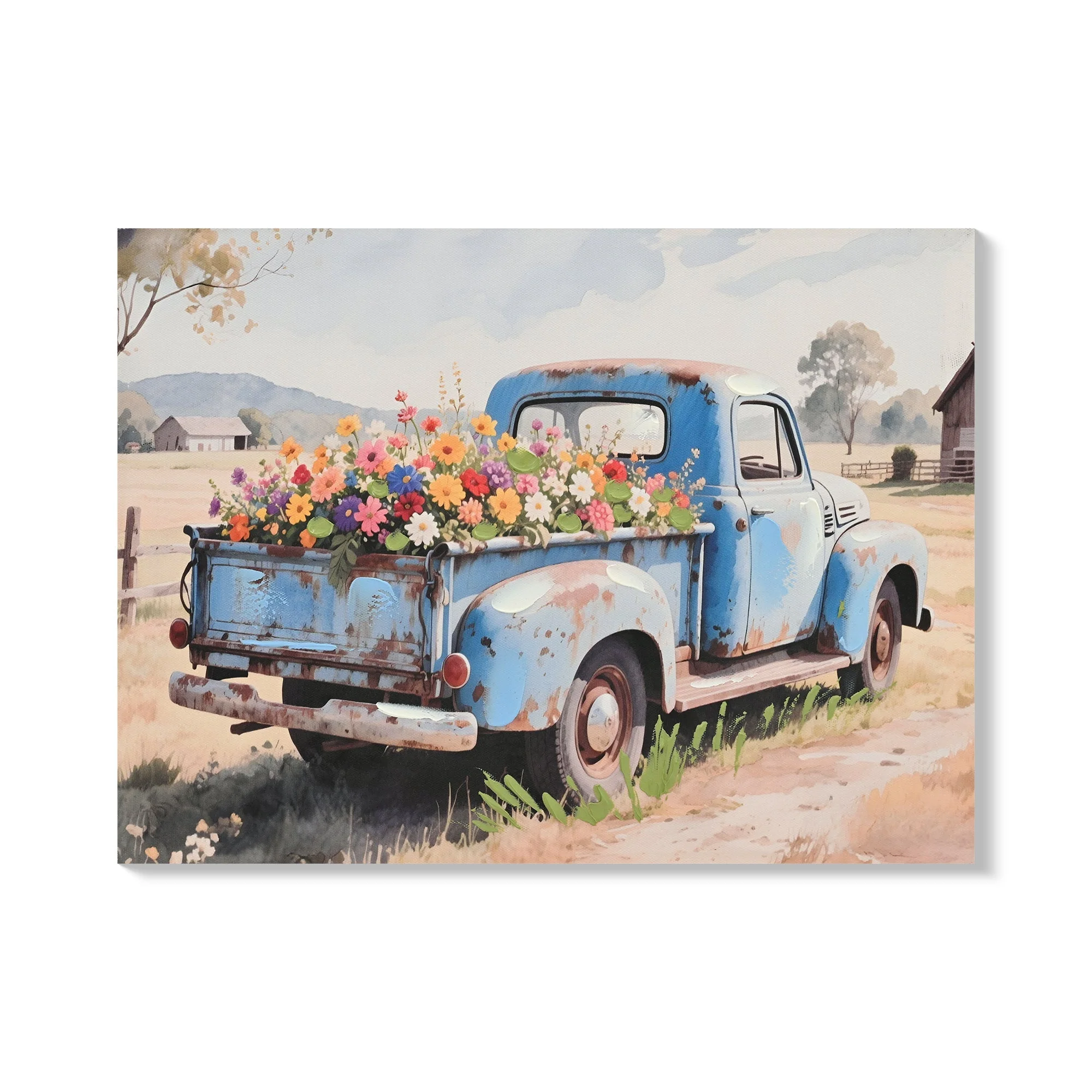 Farmhouse Old Truck Canvas Wall Art, Bloom Wall Art, Country Antique Pickup Truck Canvas Prints, Blue Truck With Red Floral Flower Art Prints for Farmhouse Spring Decor 12' Hx16' W Inches