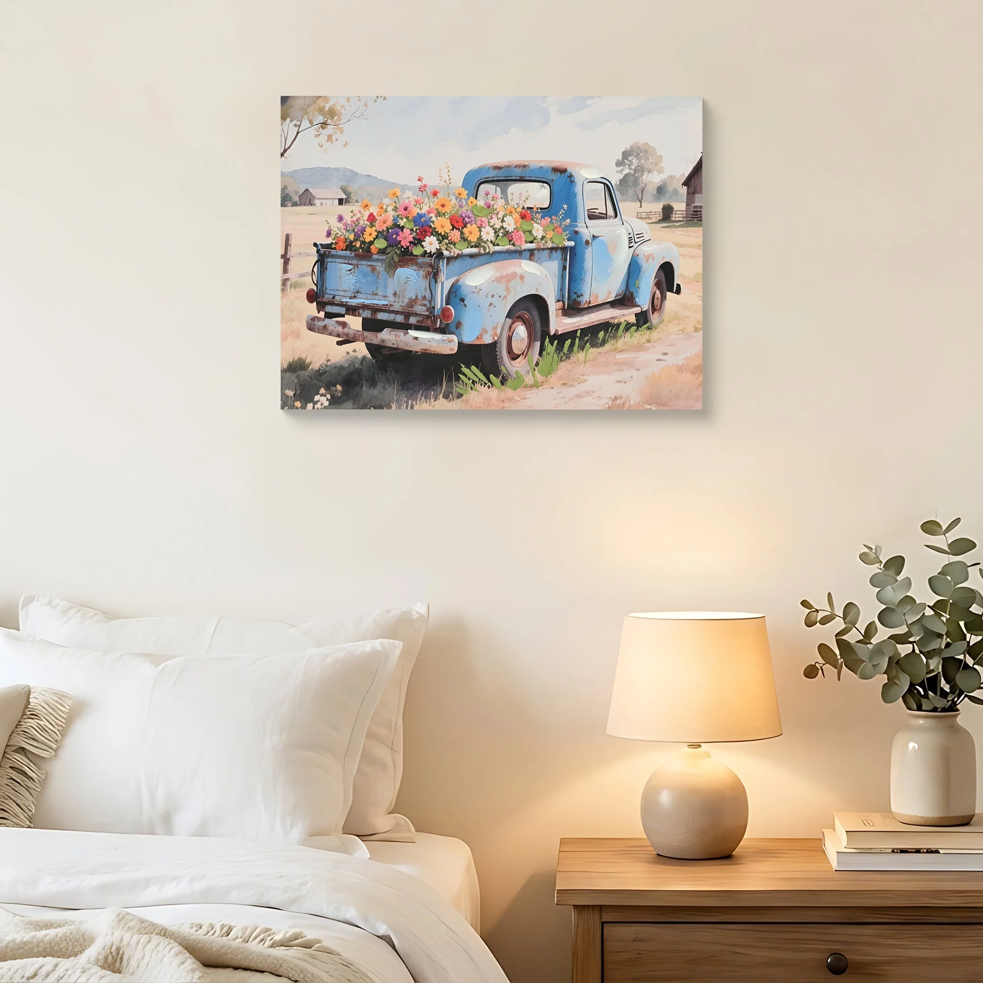 Farmhouse Old Truck Canvas Wall Art, Bloom Wall Art, Country Antique Pickup Truck Canvas Prints, Blue Truck With Red Floral Flower Art Prints for Farmhouse Spring Decor 12' Hx16' W Inches - Image 2