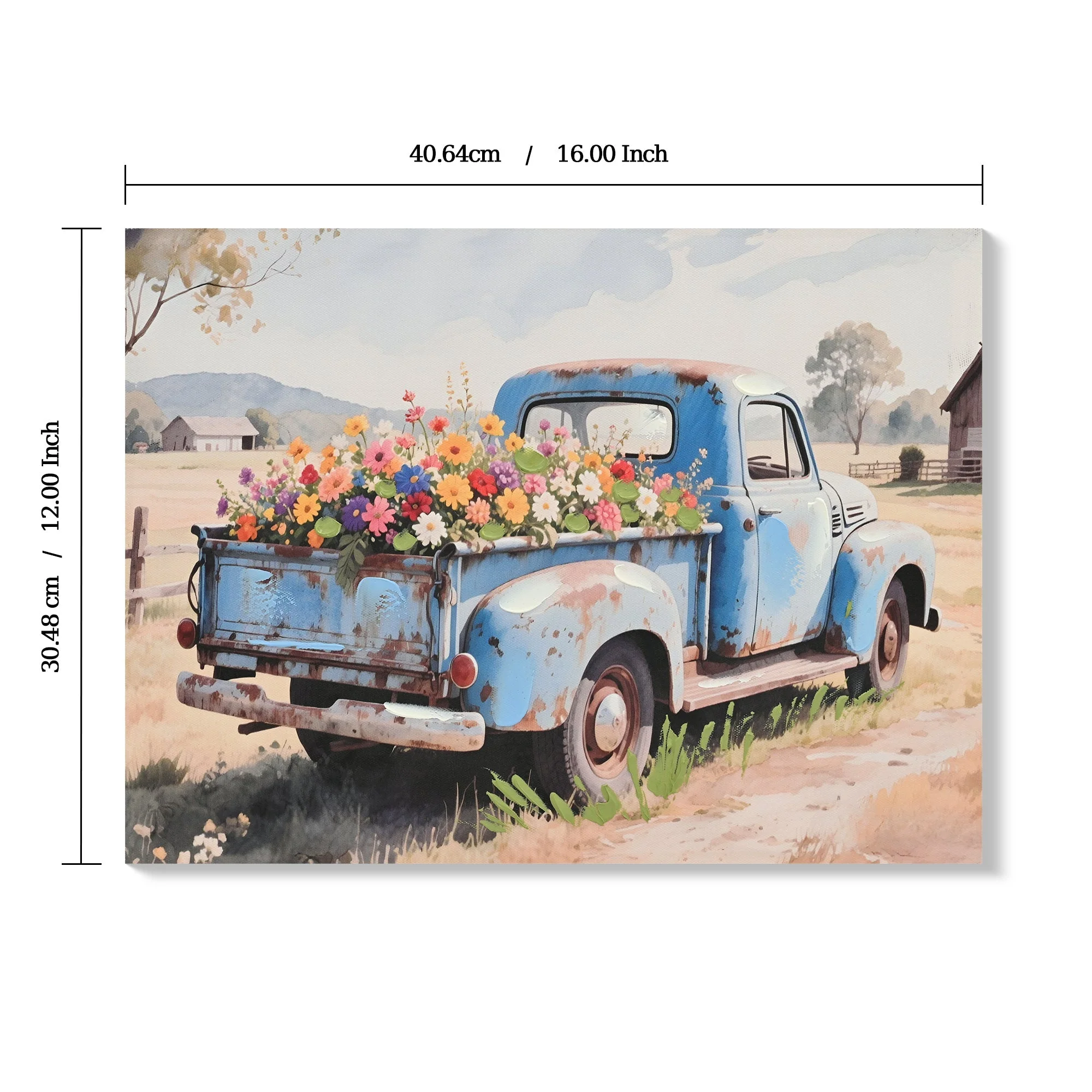 Farmhouse Old Truck Canvas Wall Art, Bloom Wall Art, Country Antique Pickup Truck Canvas Prints, Blue Truck With Red Floral Flower Art Prints for Farmhouse Spring Decor 12' Hx16' W Inches - Image 3