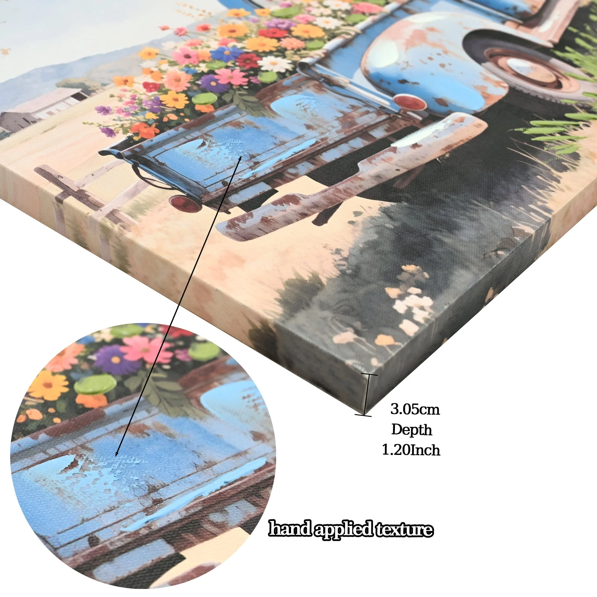 Farmhouse Old Truck Canvas Wall Art, Bloom Wall Art, Country Antique Pickup Truck Canvas Prints, Blue Truck With Red Floral Flower Art Prints for Farmhouse Spring Decor 12' Hx16' W Inches - Image 5