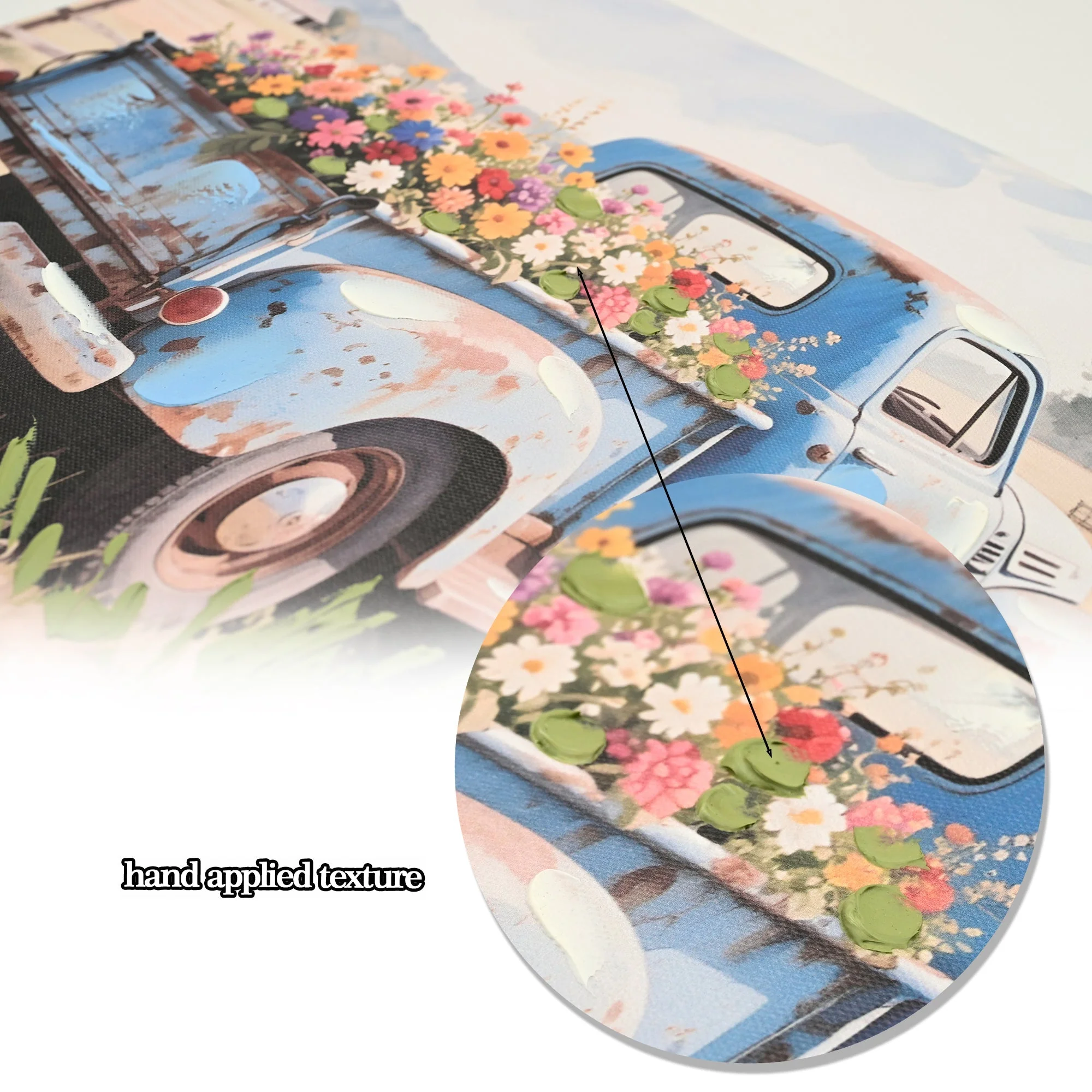 Farmhouse Old Truck Canvas Wall Art, Bloom Wall Art, Country Antique Pickup Truck Canvas Prints, Blue Truck With Red Floral Flower Art Prints for Farmhouse Spring Decor 12' Hx16' W Inches - Image 6