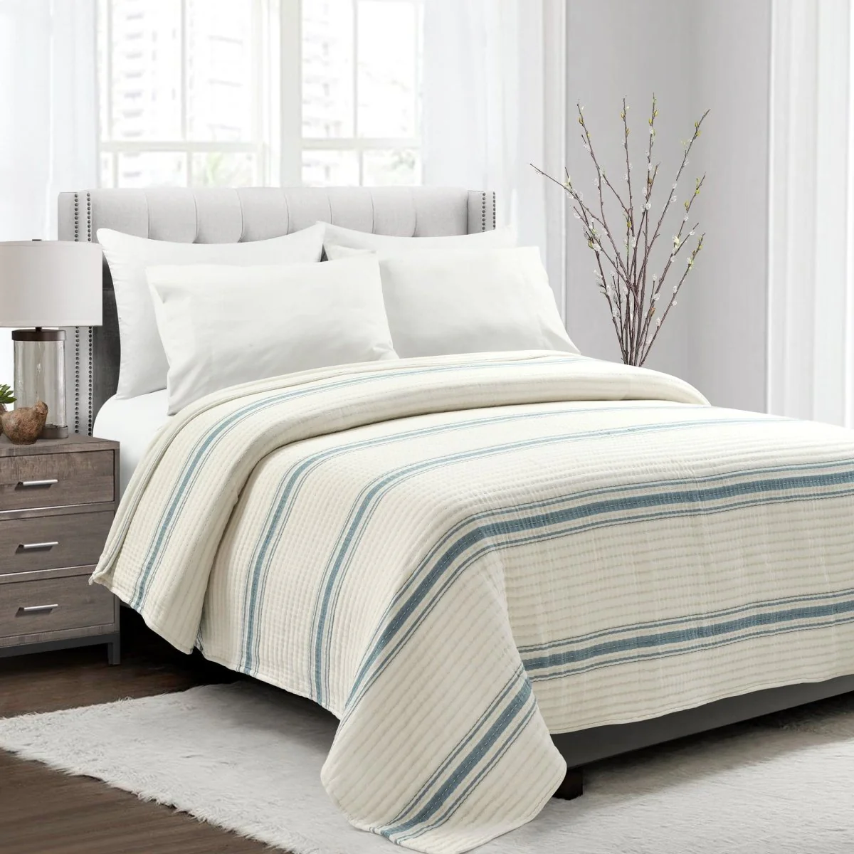Farmhouse Stripe Kantha Pick Stitch Yarn Dyed Cotton Woven Blanket/Quilt/Coverlet - Image 2