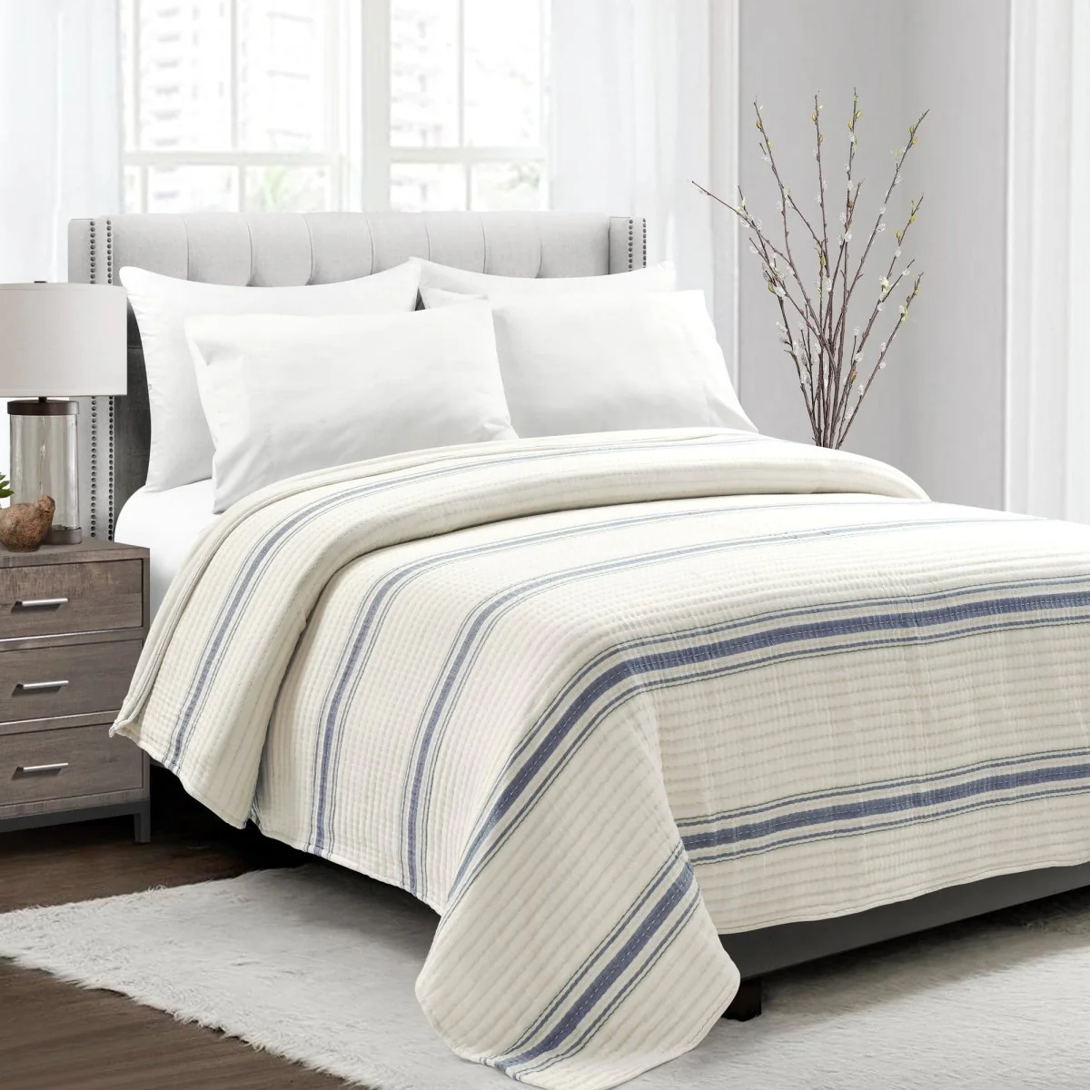 Farmhouse Stripe Kantha Pick Stitch Yarn Dyed Cotton Woven Blanket/Quilt/Coverlet - Image 3