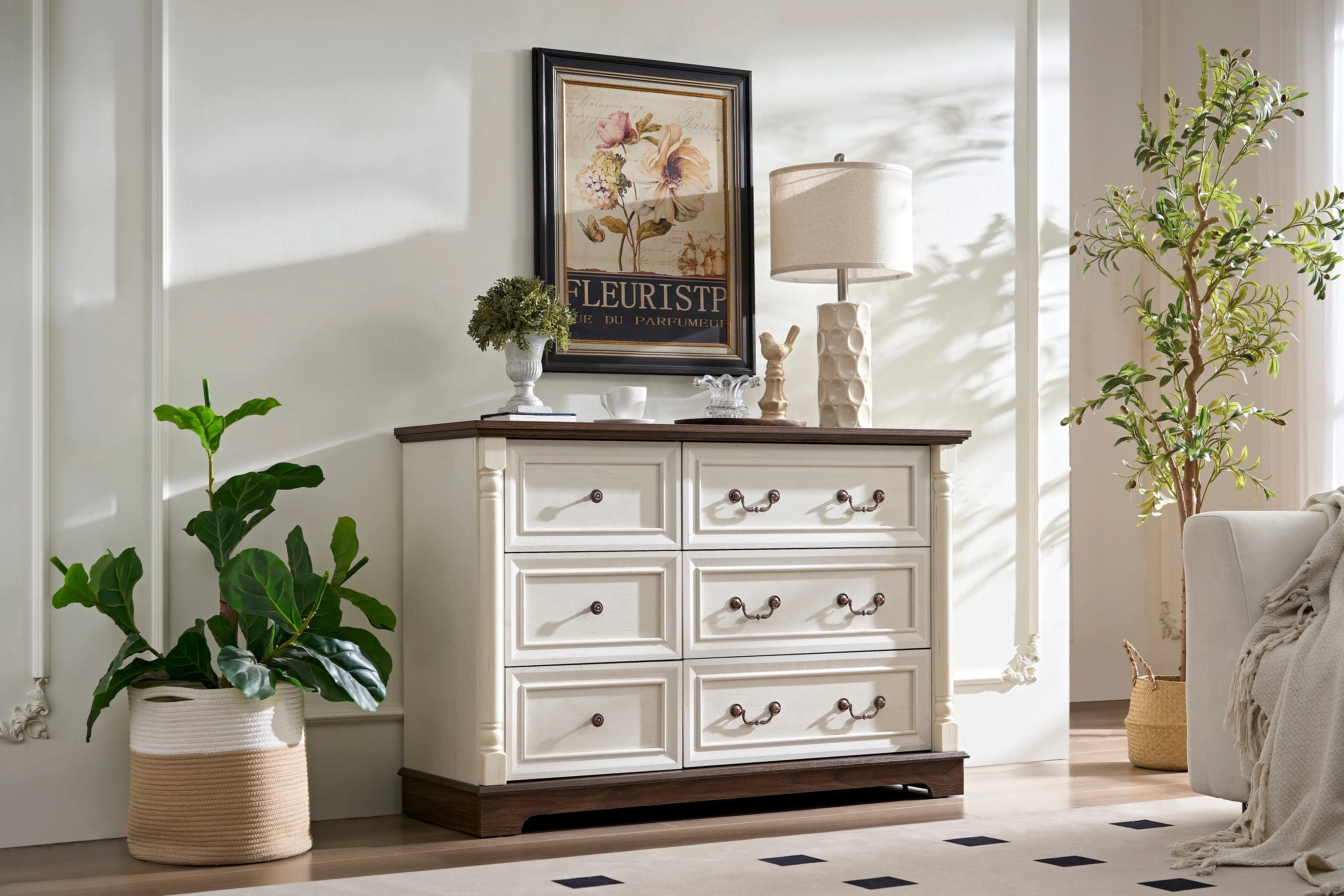 Farmhouse Style 6 Drawer Dresser Chest with Base Wooden Rustic Chest - Image 2