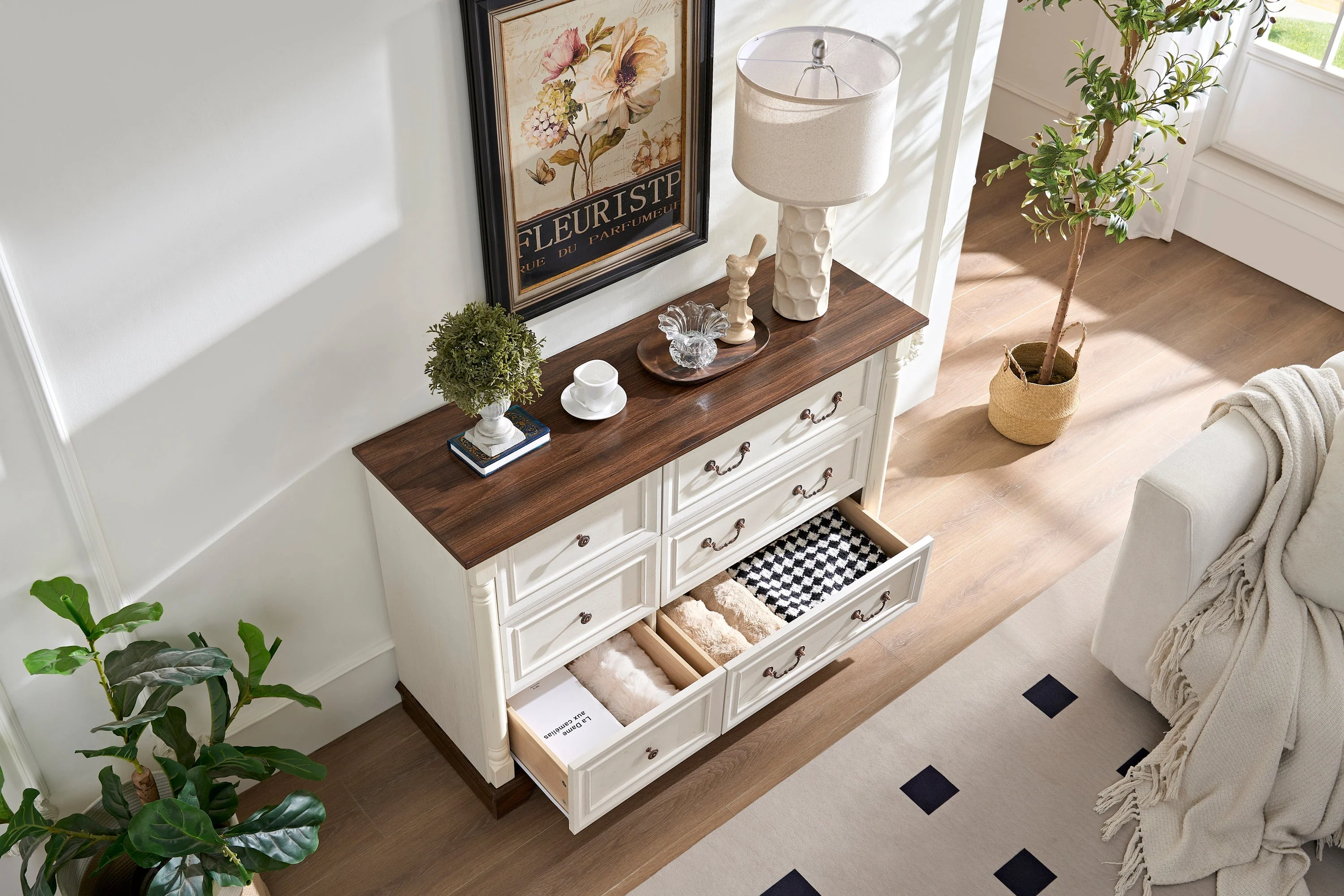 Farmhouse Style 6 Drawer Dresser Chest with Base Wooden Rustic Chest - Image 3
