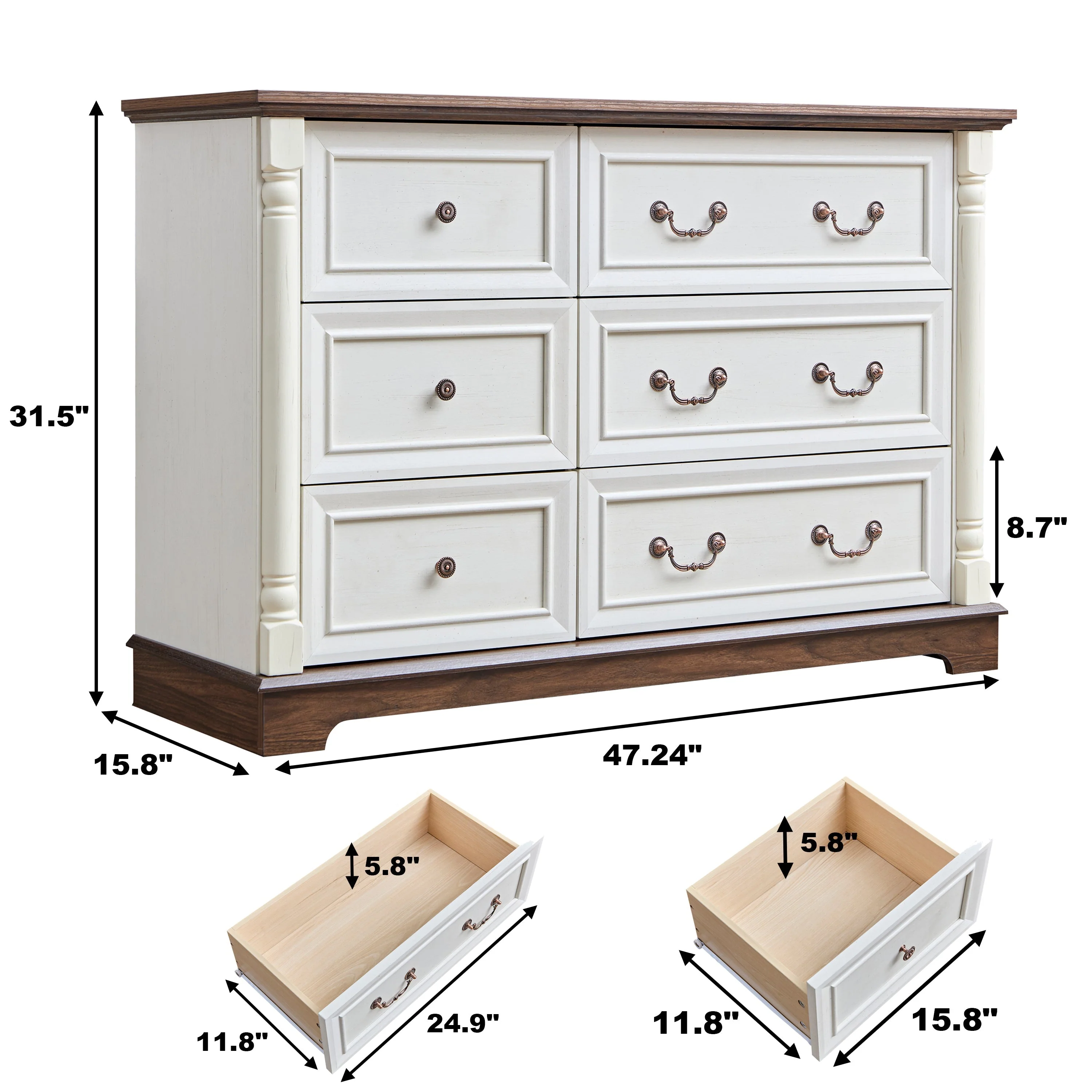 Farmhouse Style 6 Drawer Dresser Chest with Base Wooden Rustic Chest - Image 5