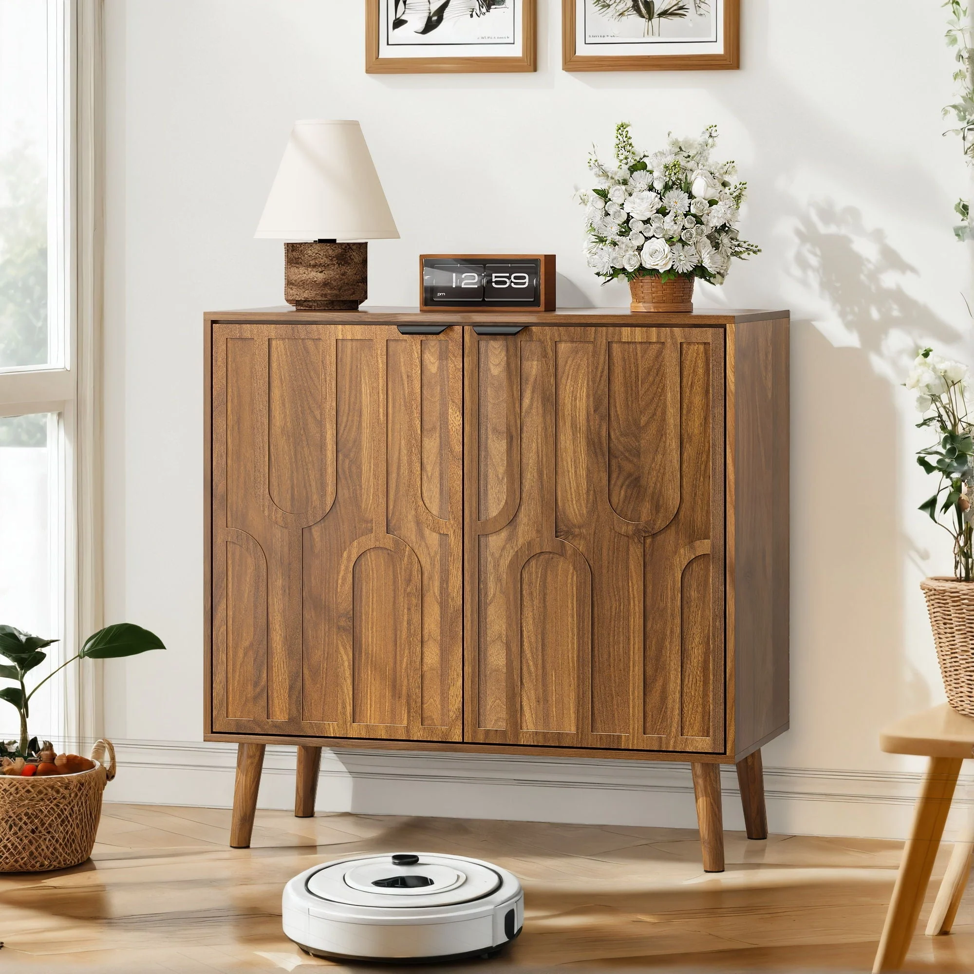 Farmhouse Style Sideboard Buffet Cabinet with Storage Bar Cabinet - Walnut - Image 3