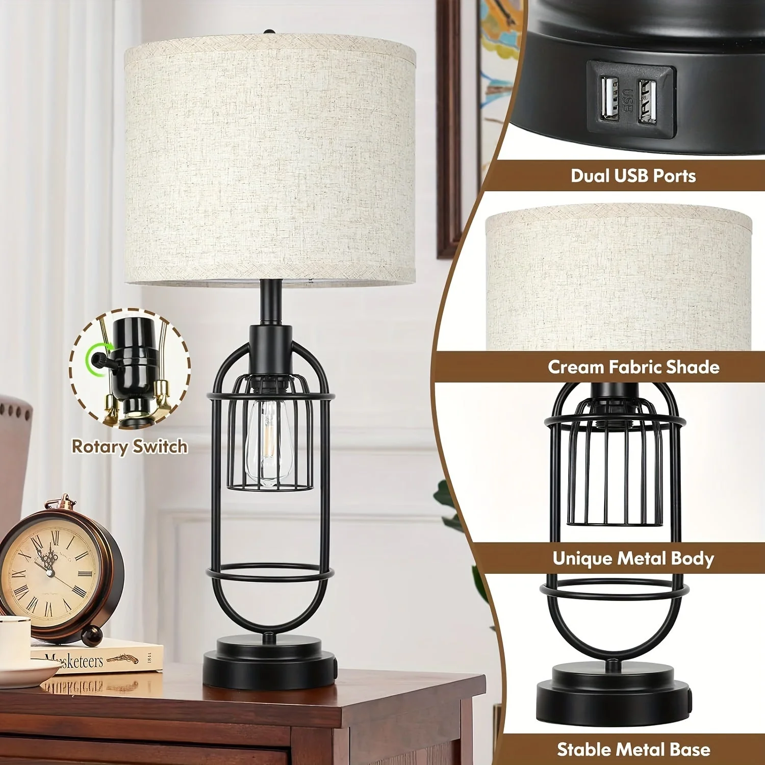 Farmhouse Table Lamps Set of 2, 29" Tall, USB, 2-Light Bedside Lamps, E26 - Image 2