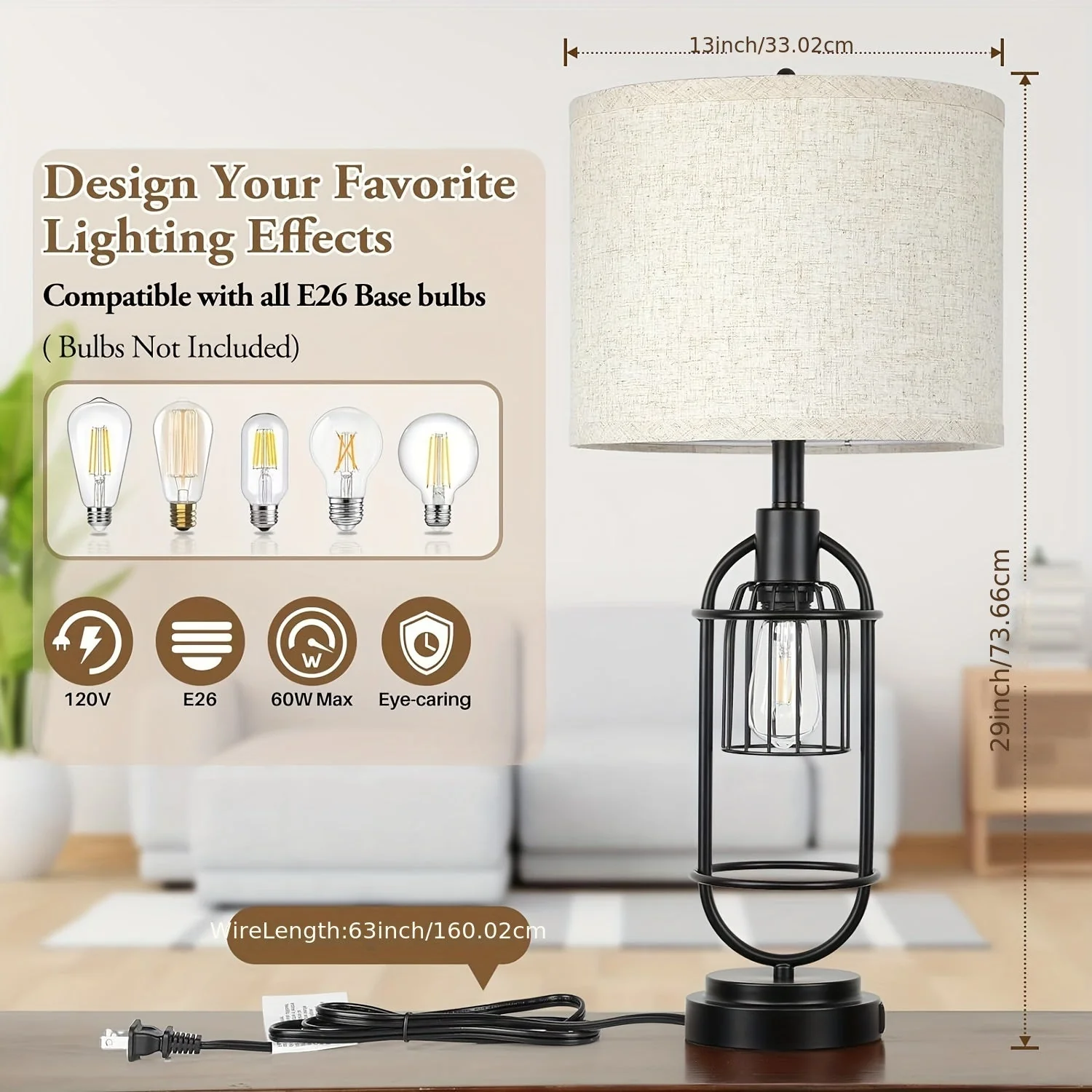 Farmhouse Table Lamps Set of 2, 29" Tall, USB, 2-Light Bedside Lamps, E26 - Image 3