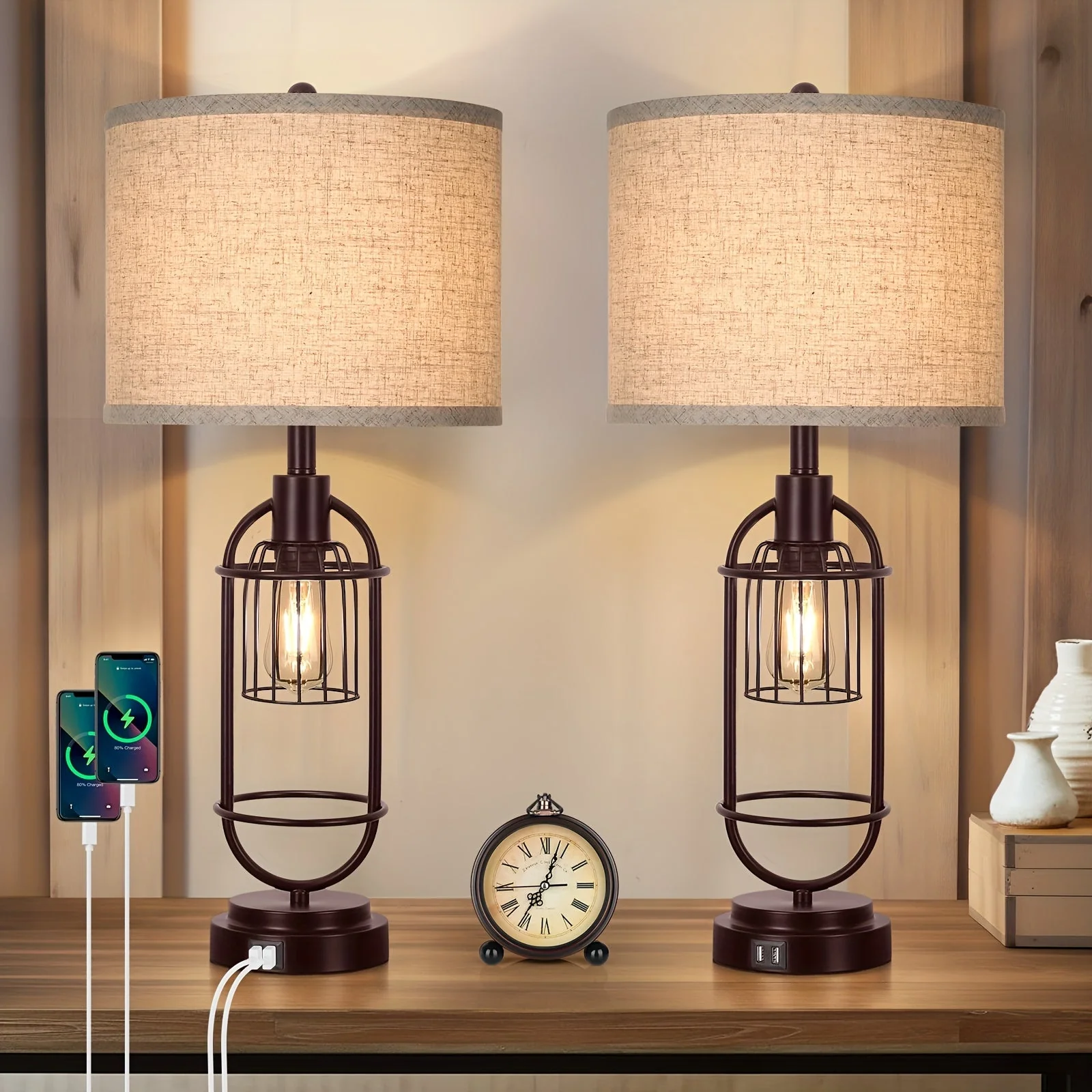 Farmhouse Table Lamps Set of 2, 29" Tall, USB, 2-Light Bedside Lamps, E26 - Image 8