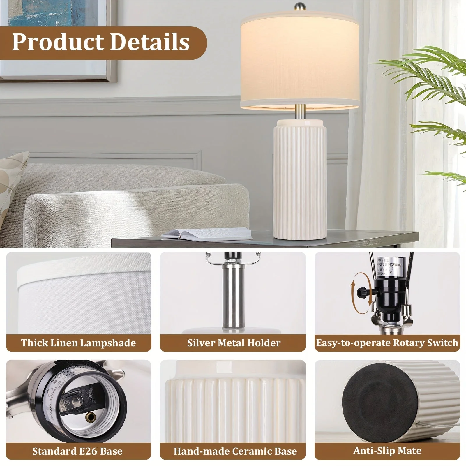 Farmhouse Table Lamps Set of 2 – Ceramic Base Bedside Lamps for Bedroom & Living - Image 5