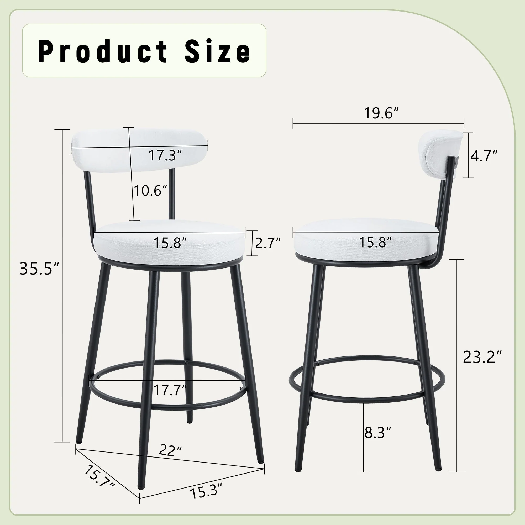 Fashionable Ergonomic High Legged Bar Chairs with White Fabric Cushions - Set of 2 - Image 3