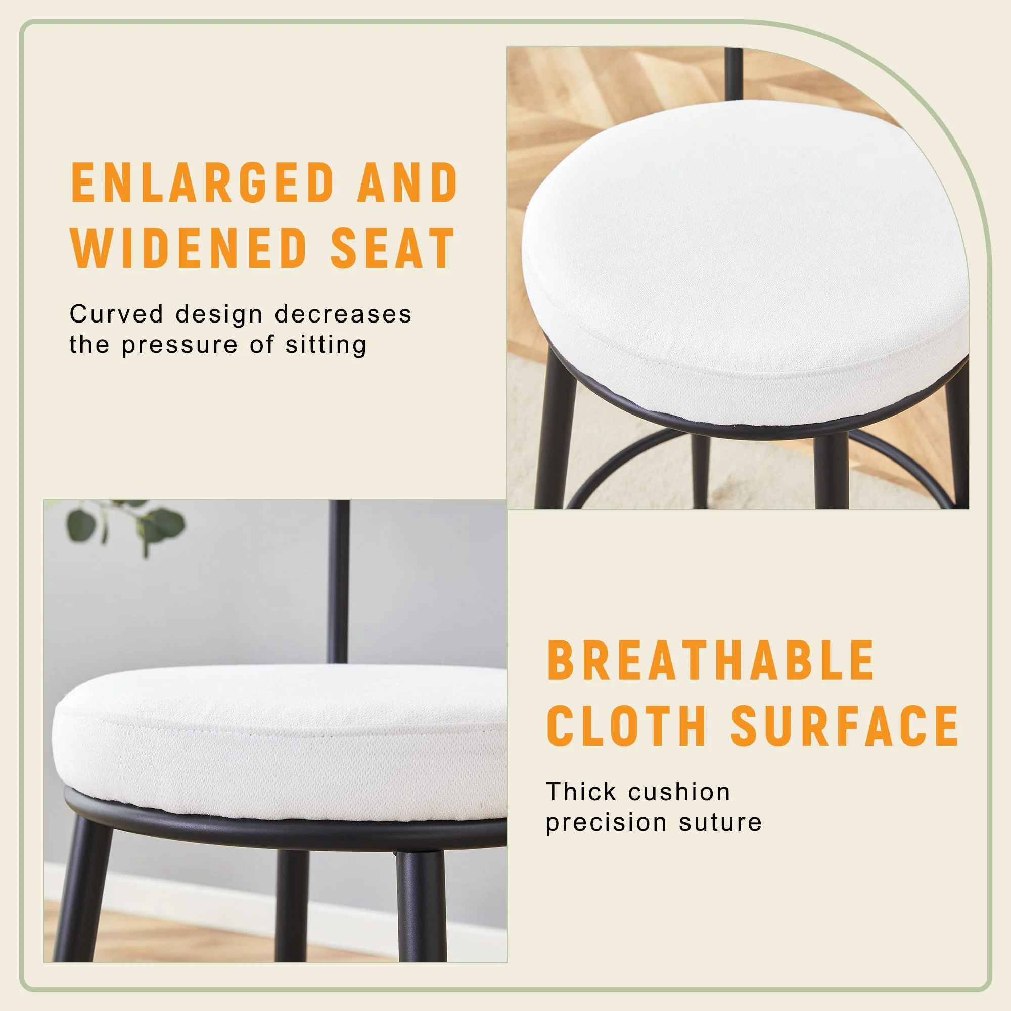 Fashionable Ergonomic High Legged Bar Chairs with White Fabric Cushions - Set of 2 - Image 7