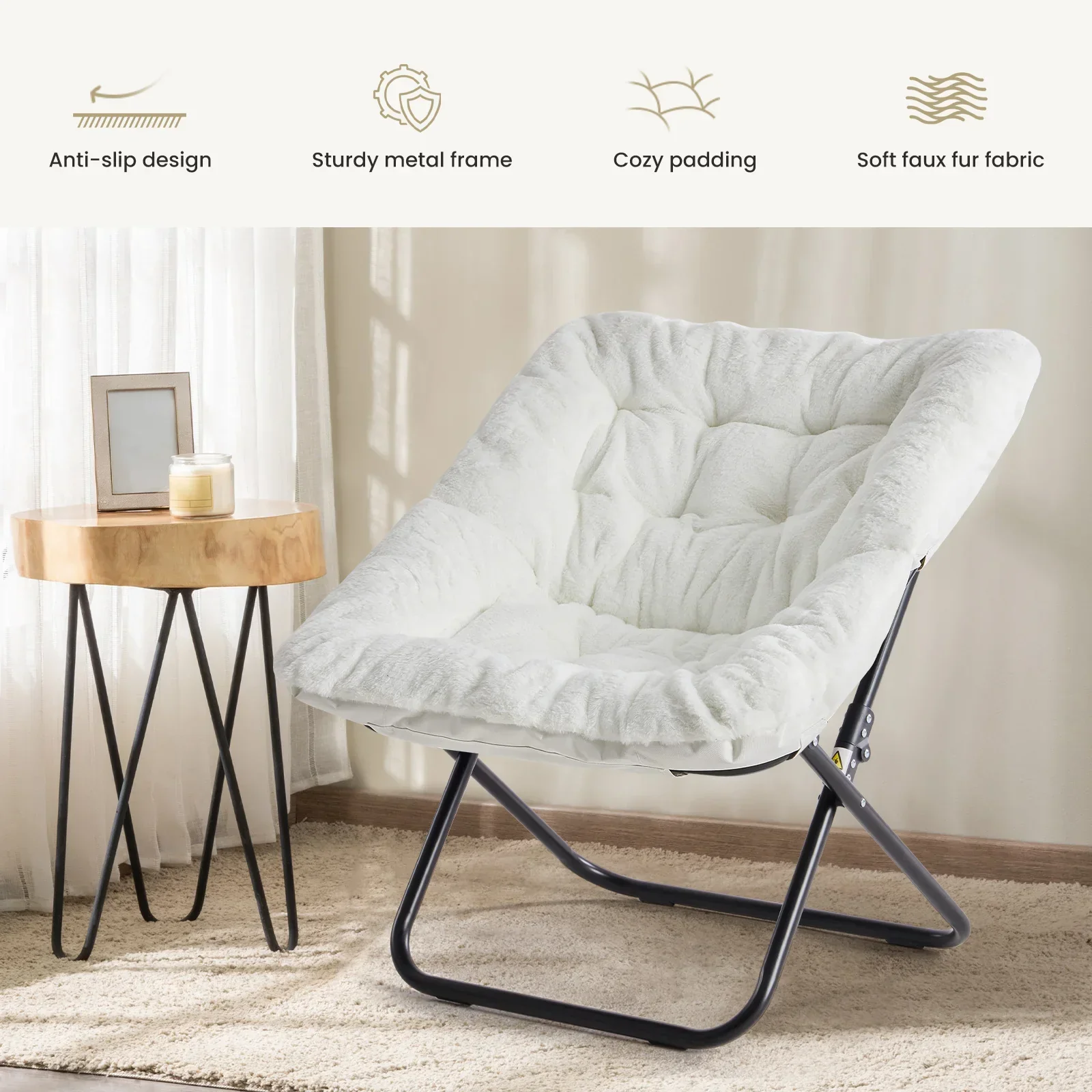 Faux Fur Saucer Chair Folding Lounge Chair Padded Cozy Reading Chair 28 Inch - Image 6