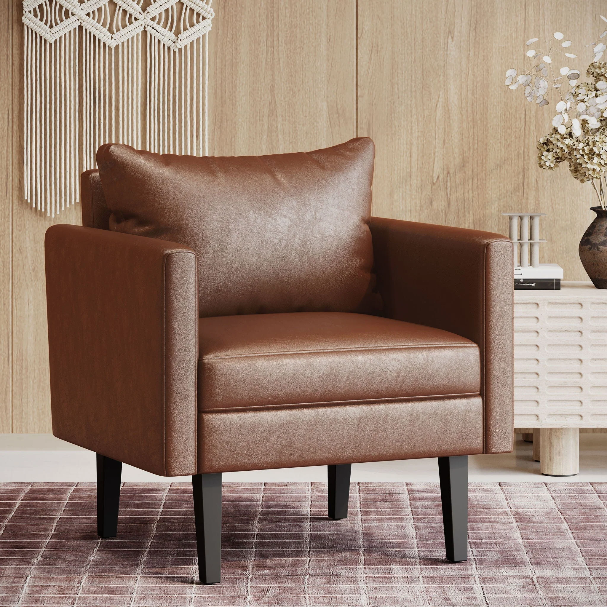 Faux Leather Club Chair With Birch Tapered Legs - Light Brown - Image 2