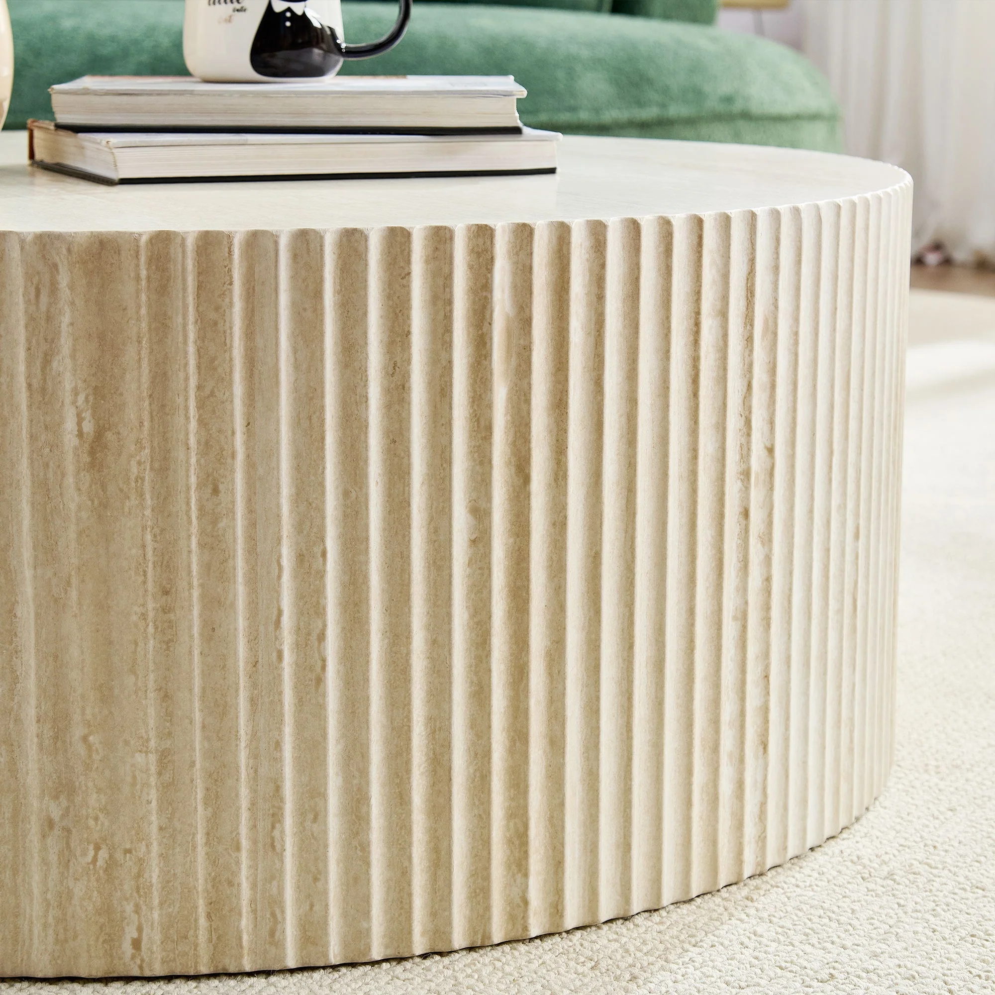 Faux Travertine Round Coffee Table with Eye-Catching Relief Design - Image 10
