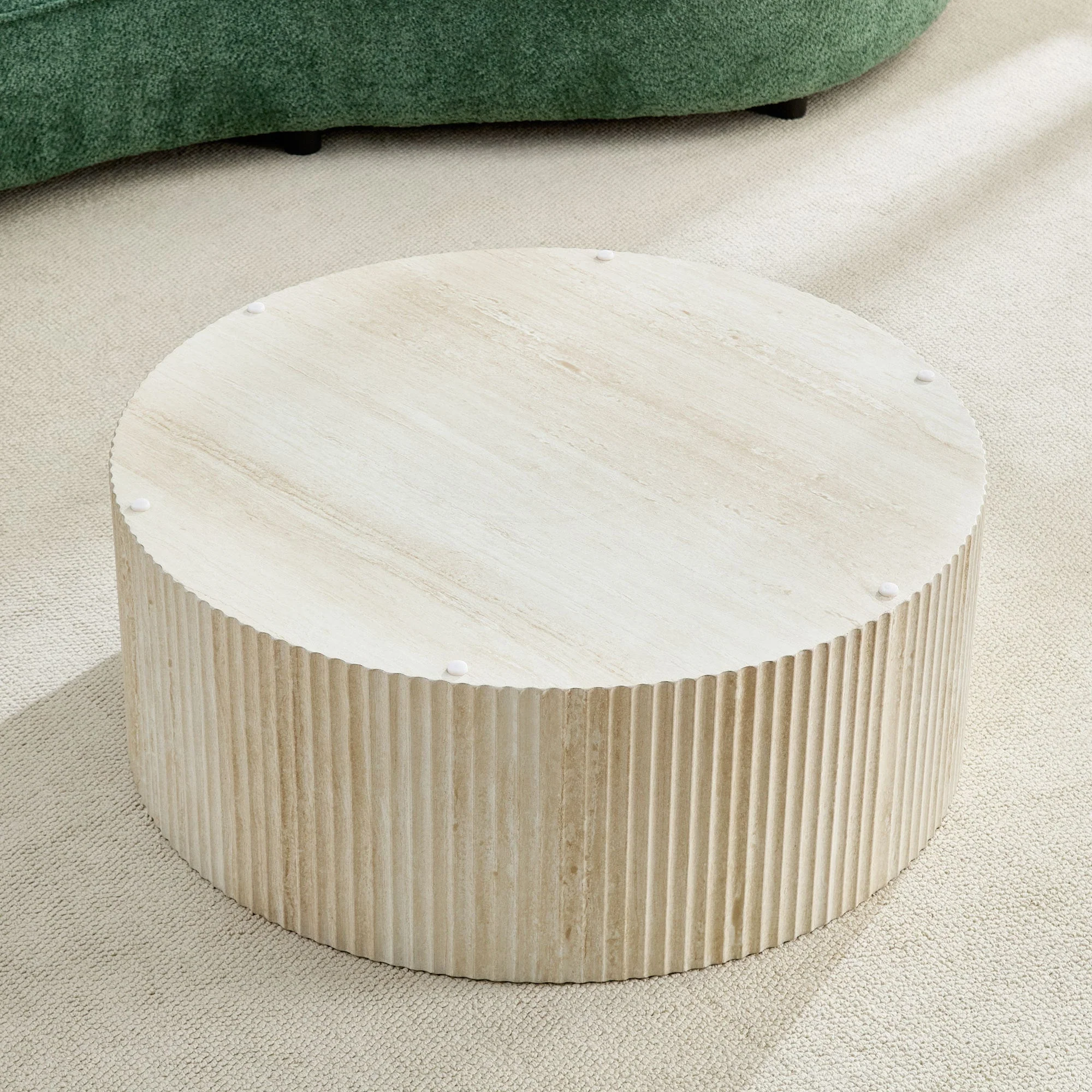 Faux Travertine Round Coffee Table with Eye-Catching Relief Design - Image 11