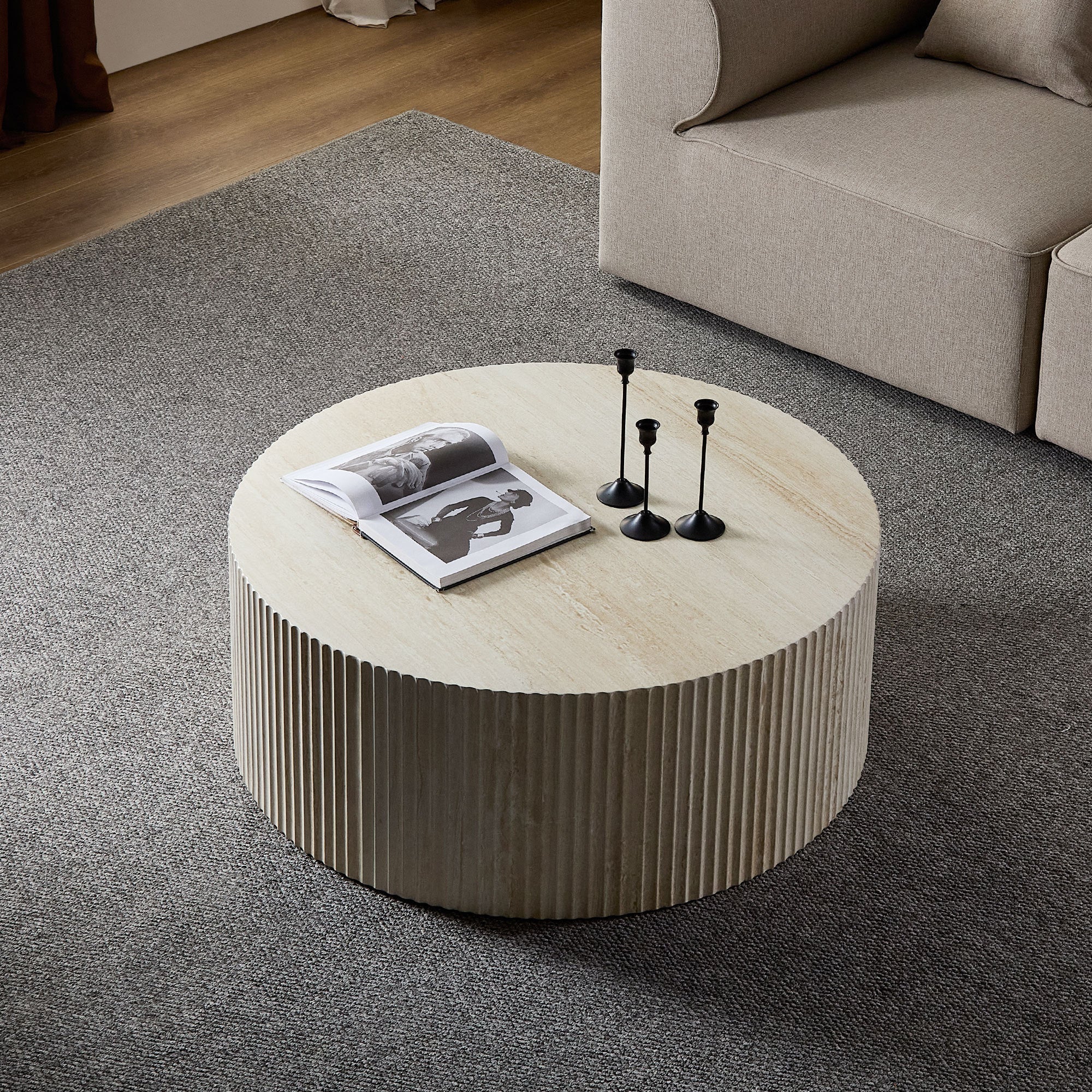 Faux Travertine Round Coffee Table with Eye-Catching Relief Design - Image 12