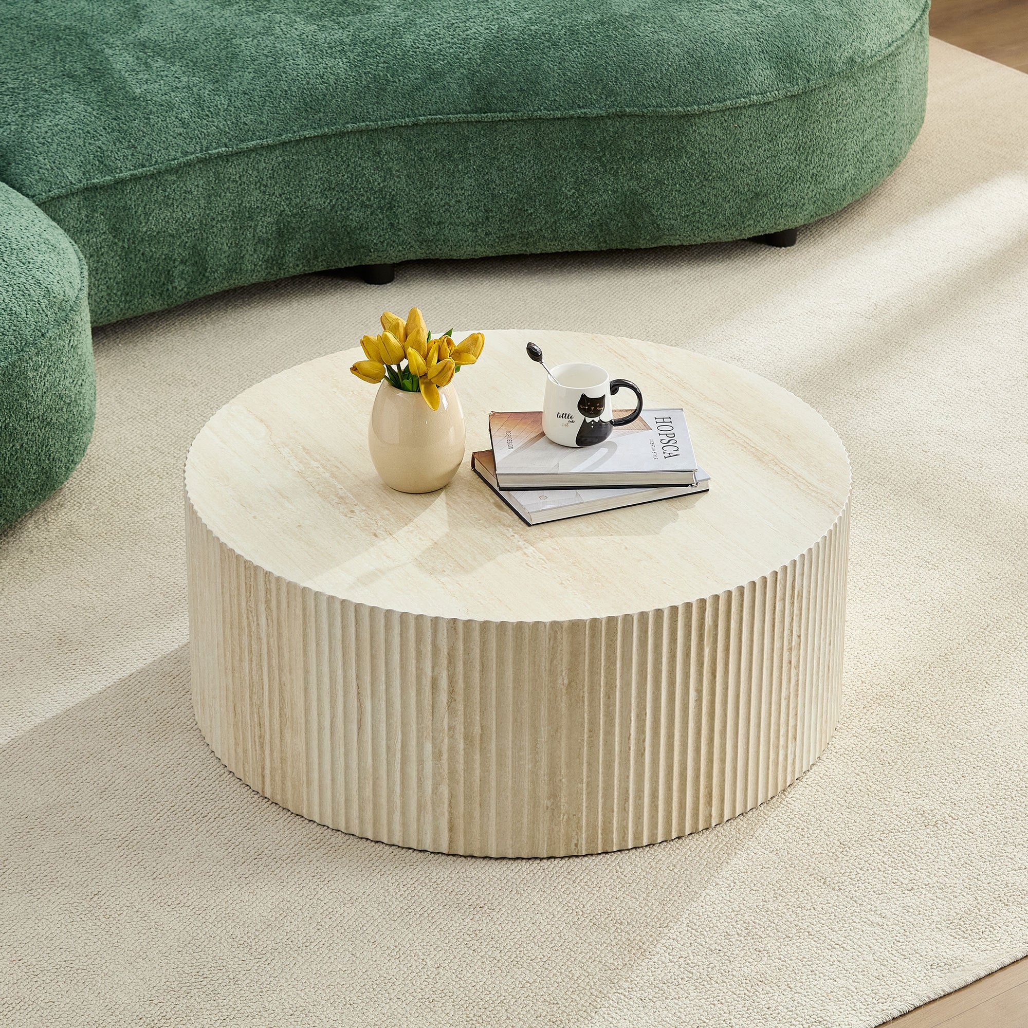 Faux Travertine Round Coffee Table with Eye-Catching Relief Design - Image 2
