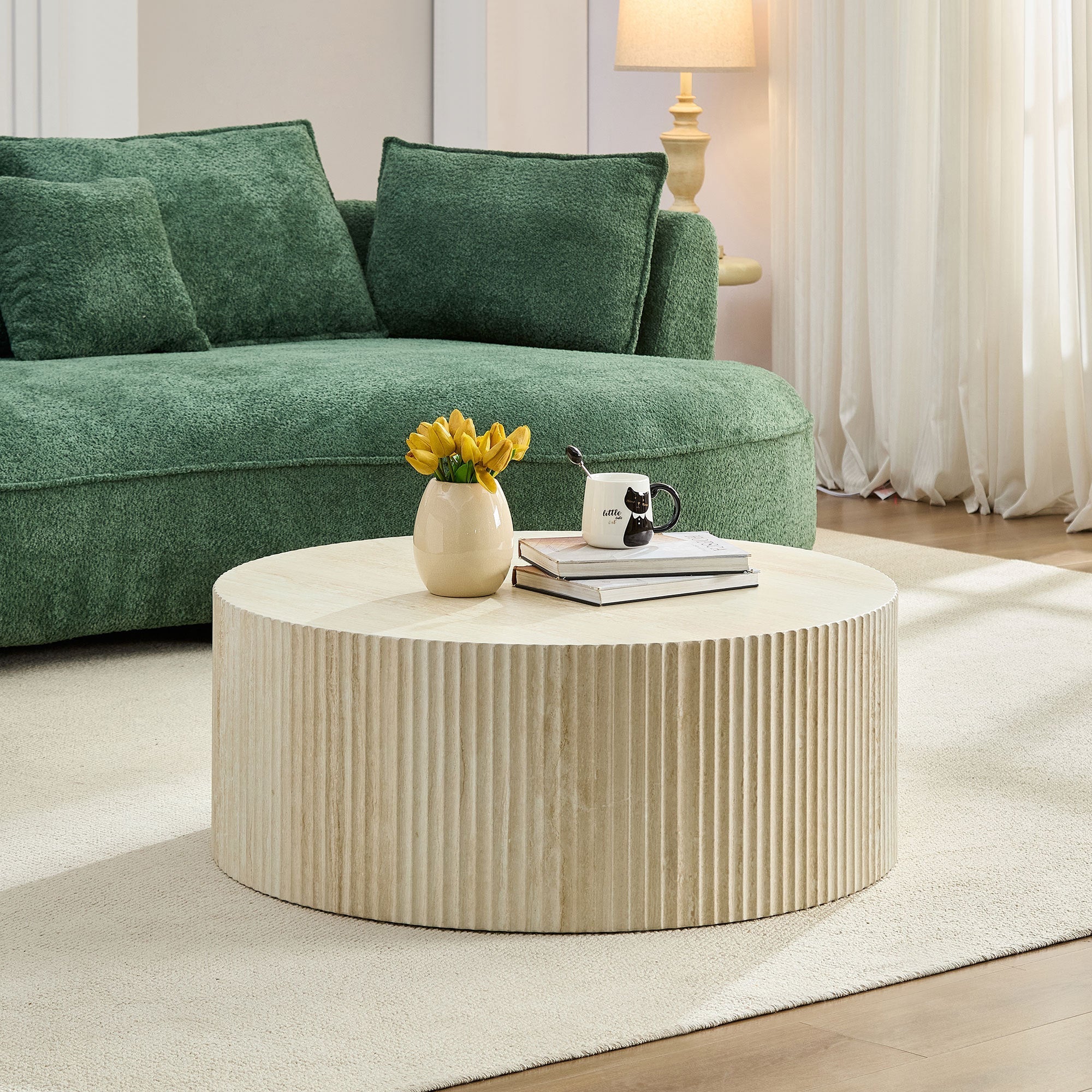 Faux Travertine Round Coffee Table with Eye-Catching Relief Design - Image 3