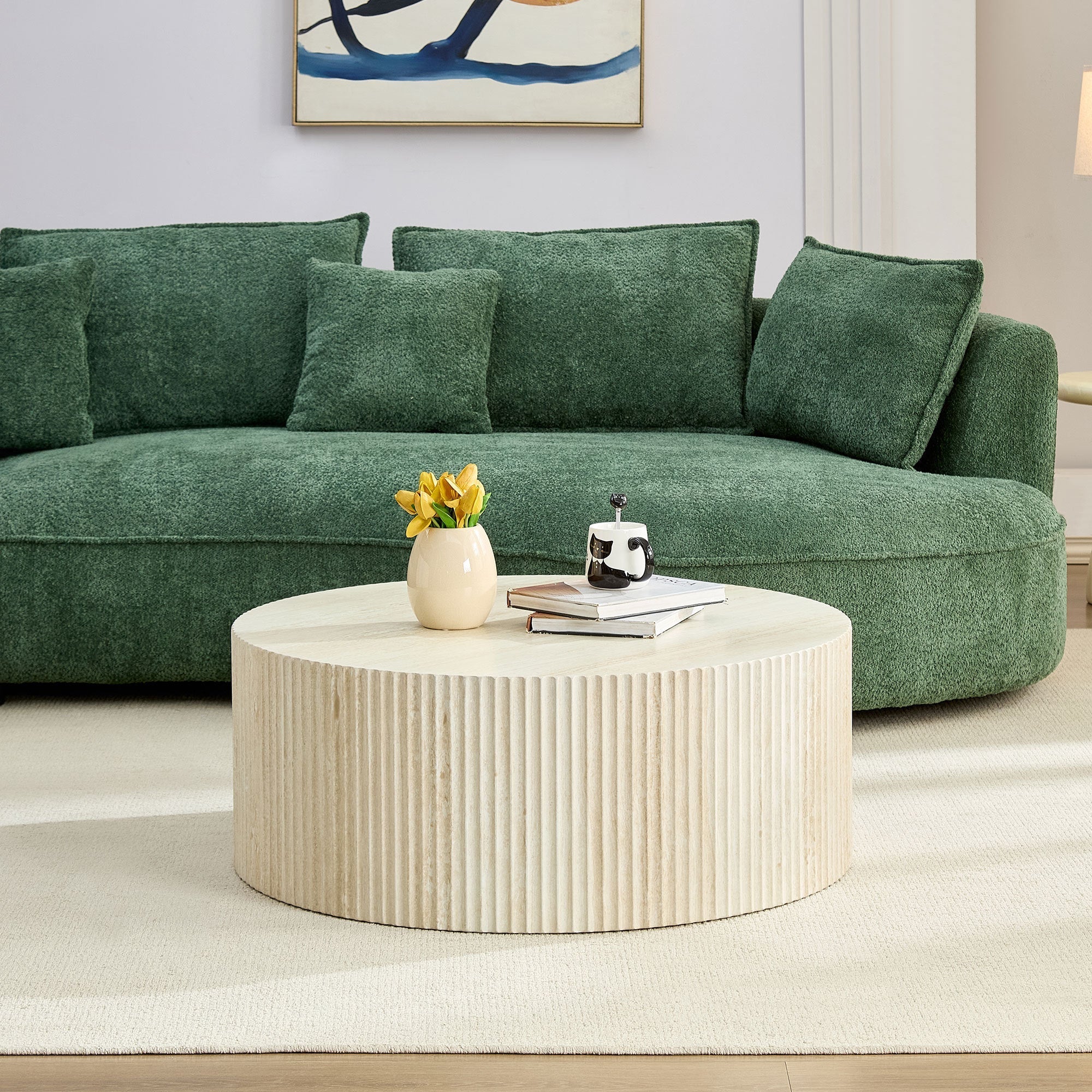 Faux Travertine Round Coffee Table with Eye-Catching Relief Design - Image 4