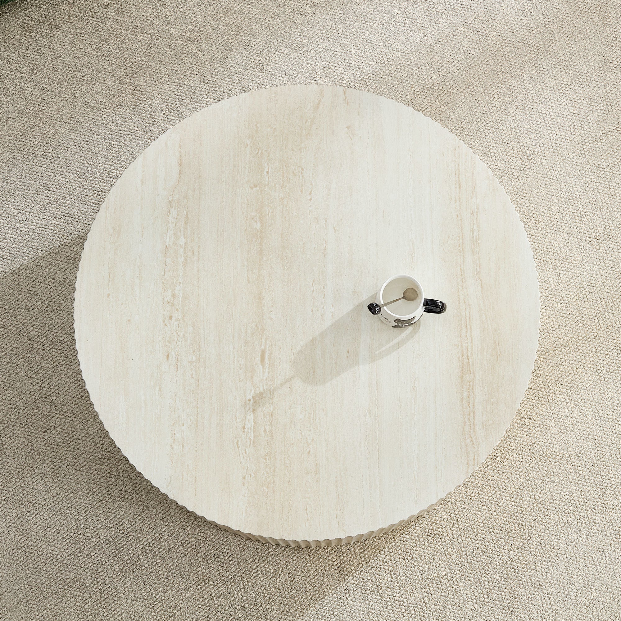 Faux Travertine Round Coffee Table with Eye-Catching Relief Design - Image 5