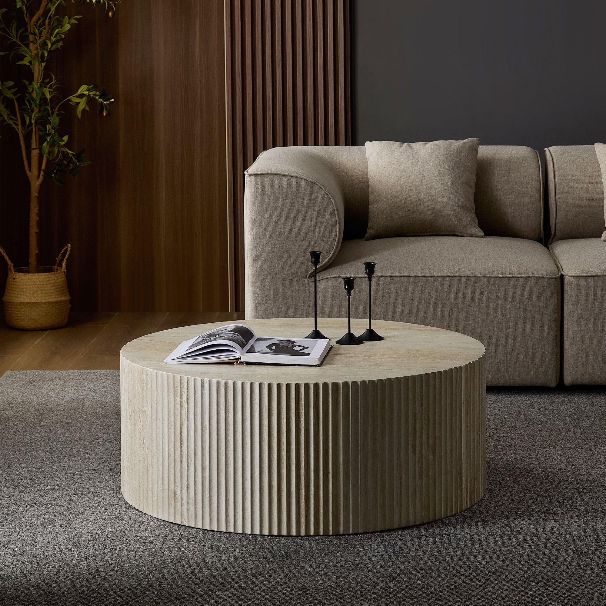 Faux Travertine Round Coffee Table with Eye-Catching Relief Design - Image 7