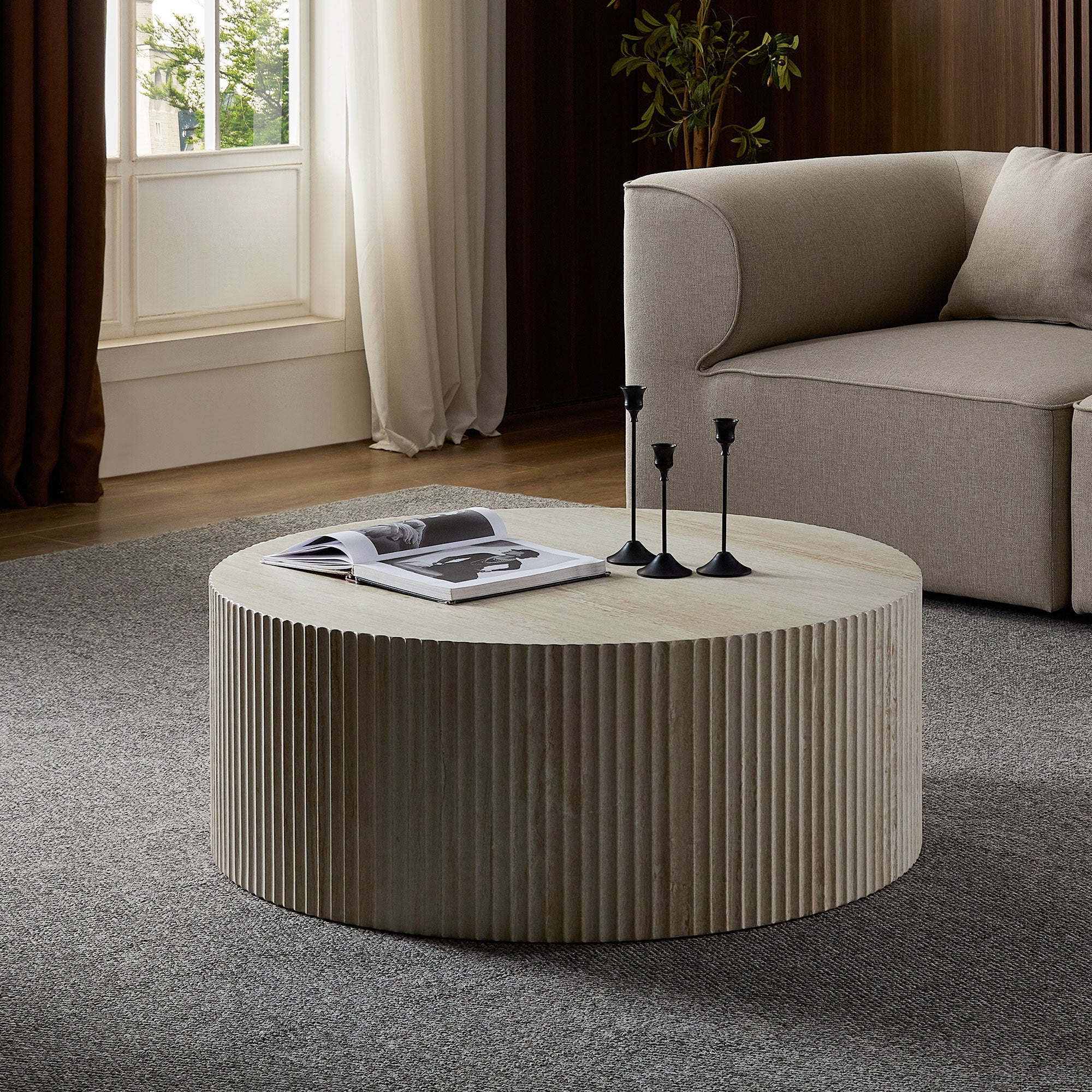 Faux Travertine Round Coffee Table with Eye-Catching Relief Design - Image 8