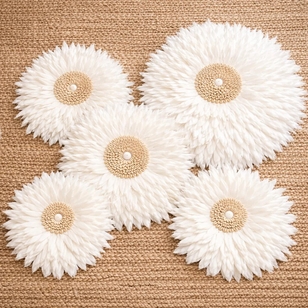 Feather Wall Hanging Juju Hat Decor with Shell or Mirror Center - Image 2