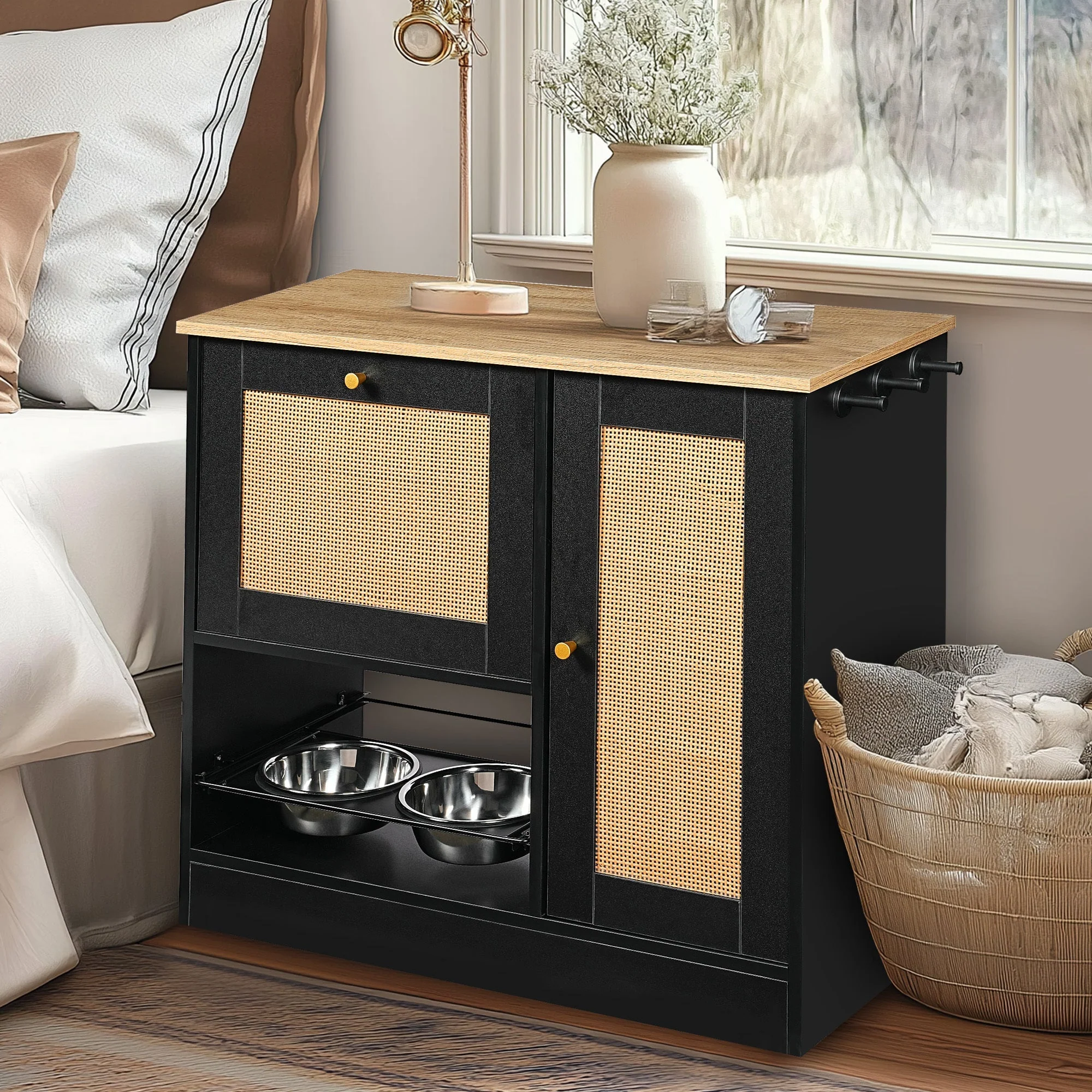 Feeding Station with 2 Lockers and Elevated Bowls Black - Image 3