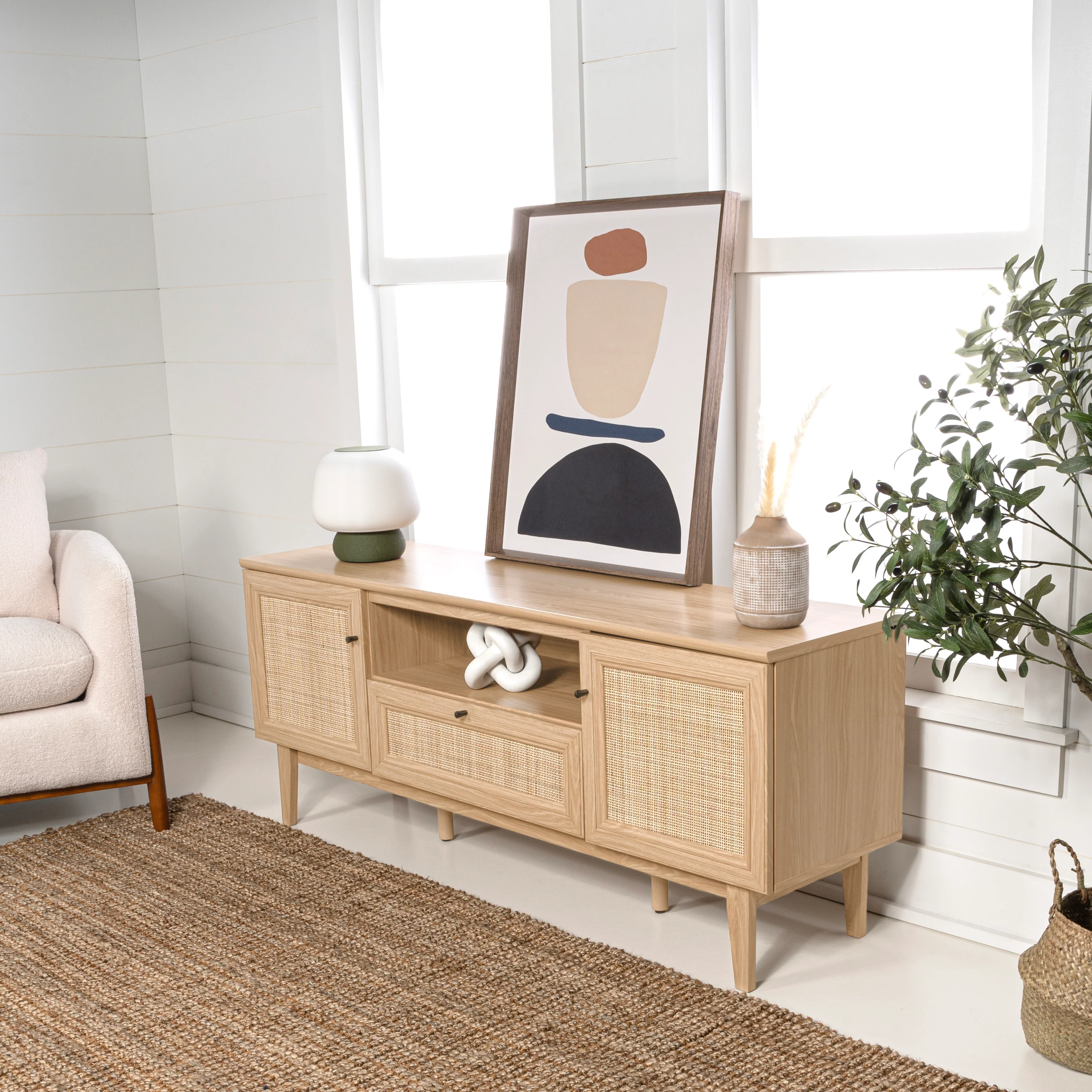 Finley Farmhouse Caned TV Stand with Drawer and Storage Doors Fits TVs up to 65 in. with Cable Management - Image 3