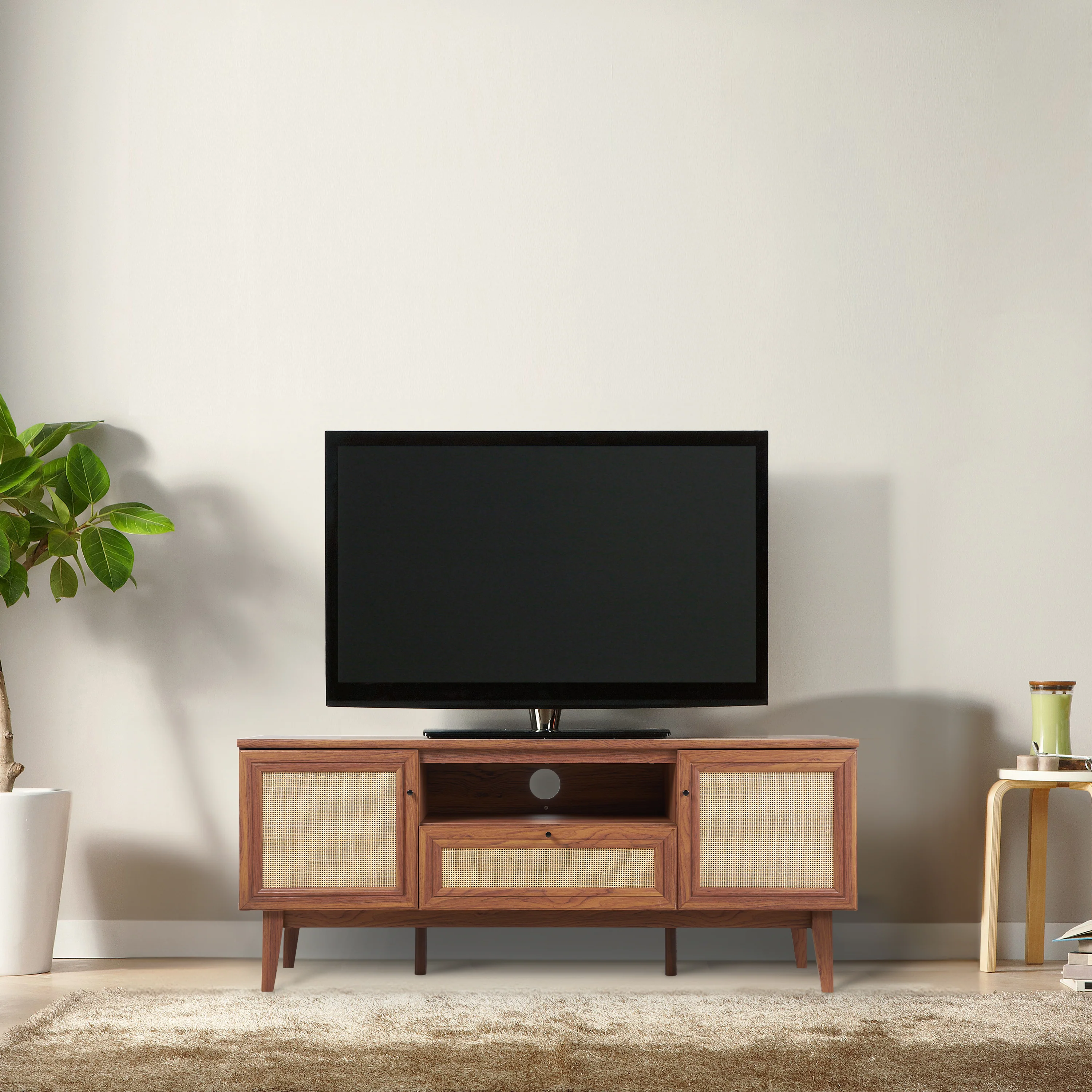 Finley Farmhouse Caned TV Stand with Drawer and Storage Doors Fits TVs up to 65 in. with Cable Management - Image 6