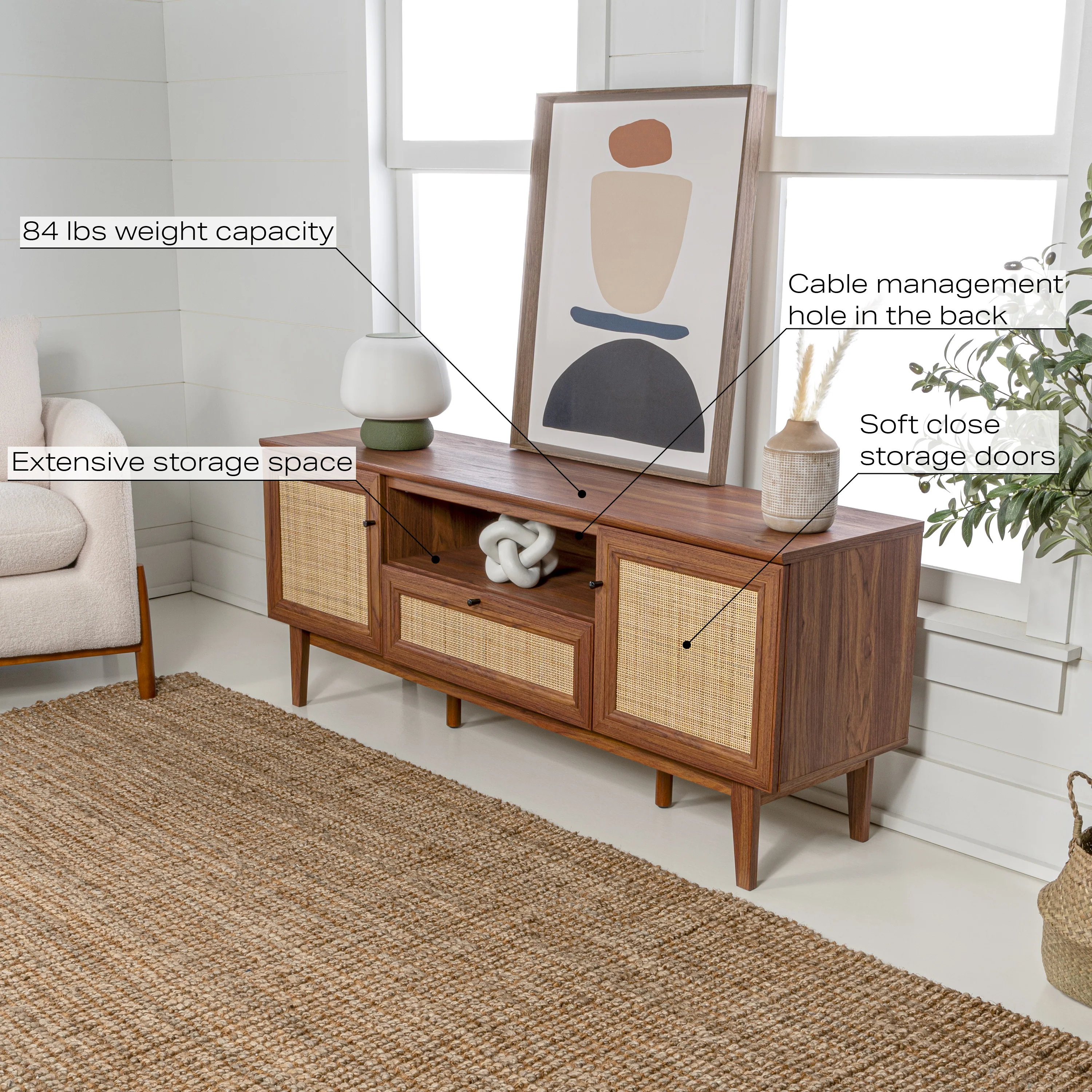 Finley Farmhouse Caned TV Stand with Drawer and Storage Doors Fits TVs up to 65 in. with Cable Management - Image 7