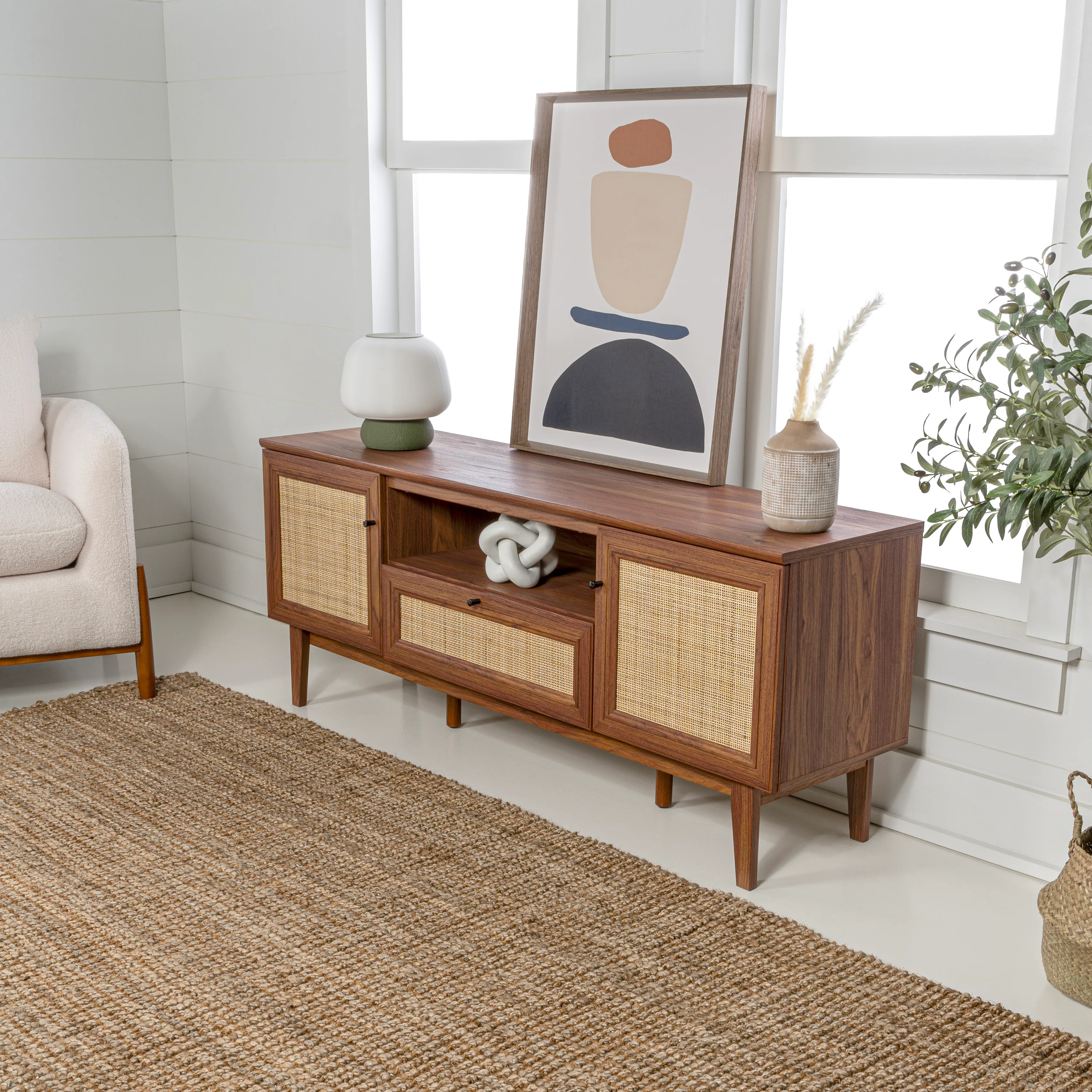 Finley Farmhouse Caned TV Stand with Drawer and Storage Doors Fits TVs up to 65 in. with Cable Management - Image 8