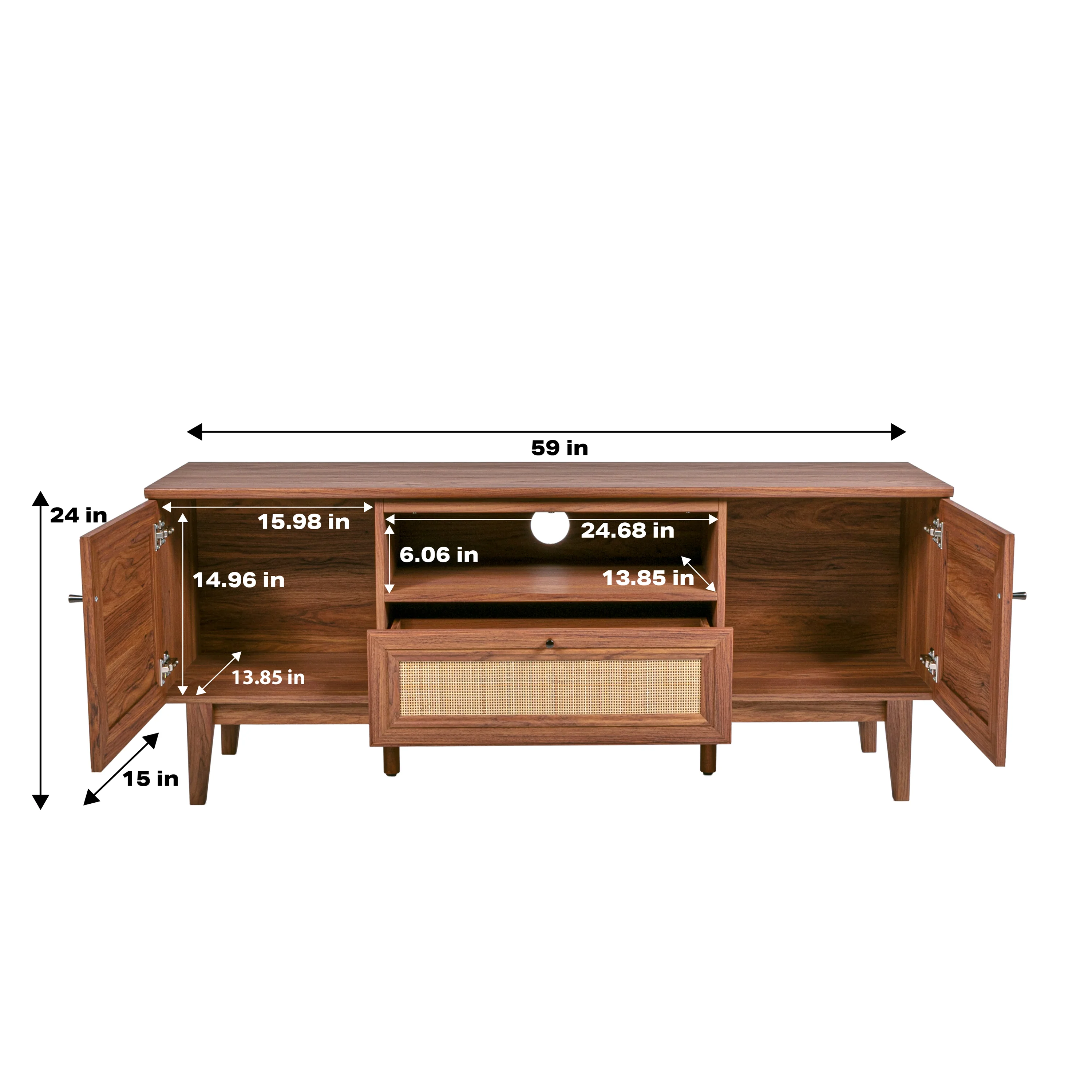 Finley Farmhouse Caned TV Stand with Drawer and Storage Doors Fits TVs up to 65 in. with Cable Management - Image 9