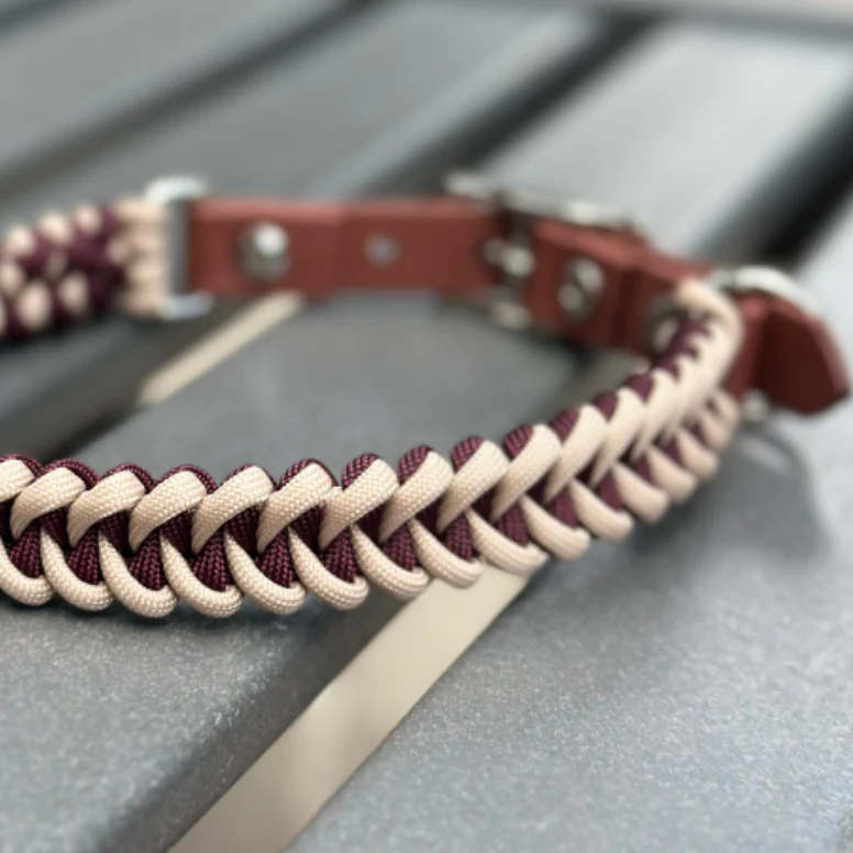Fishtail Hand Braided Dog Collar in Burgundy & Cream - Image 3