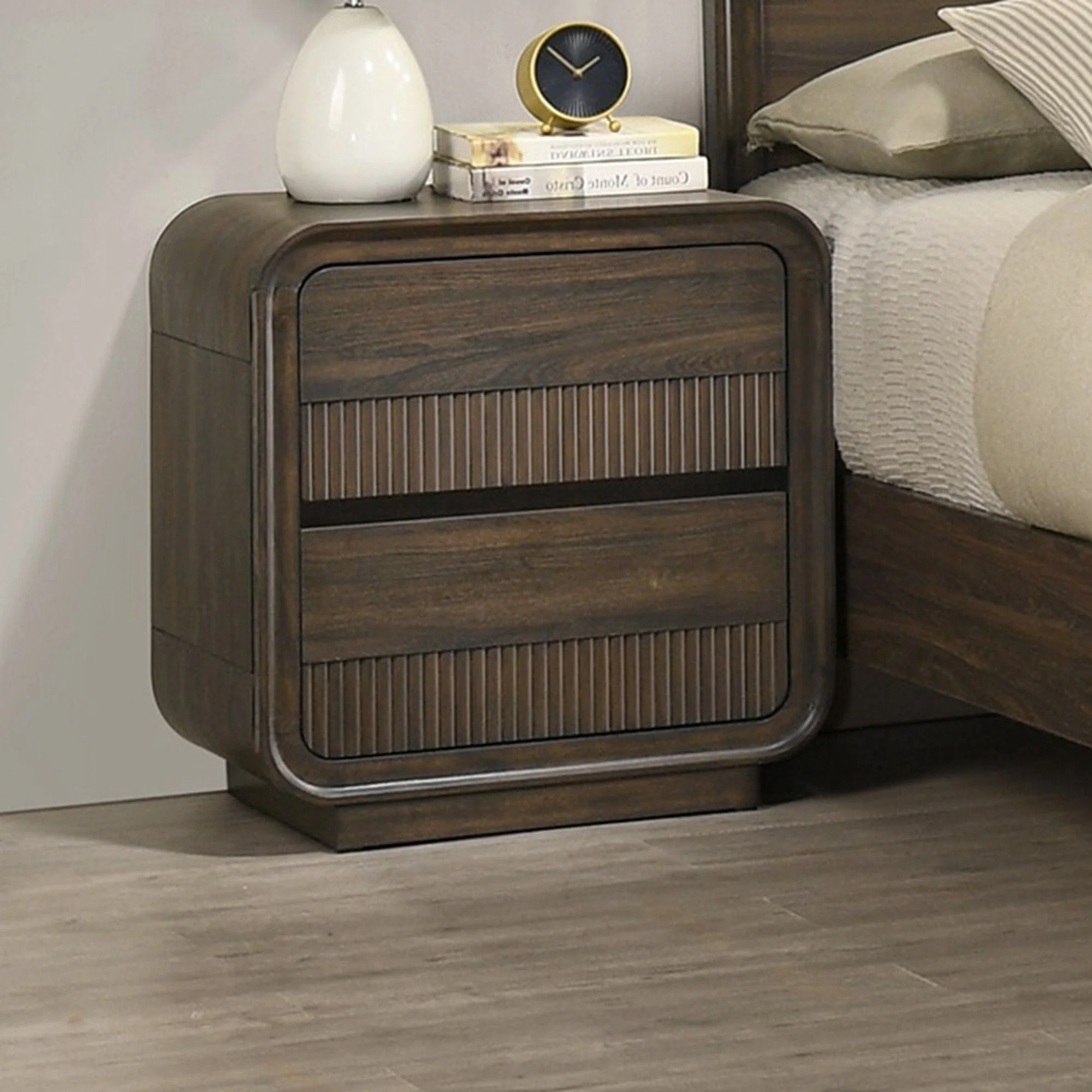 Flair Rounded Edges Nightstand, 2 Drawer Storage - Brown - Image 3