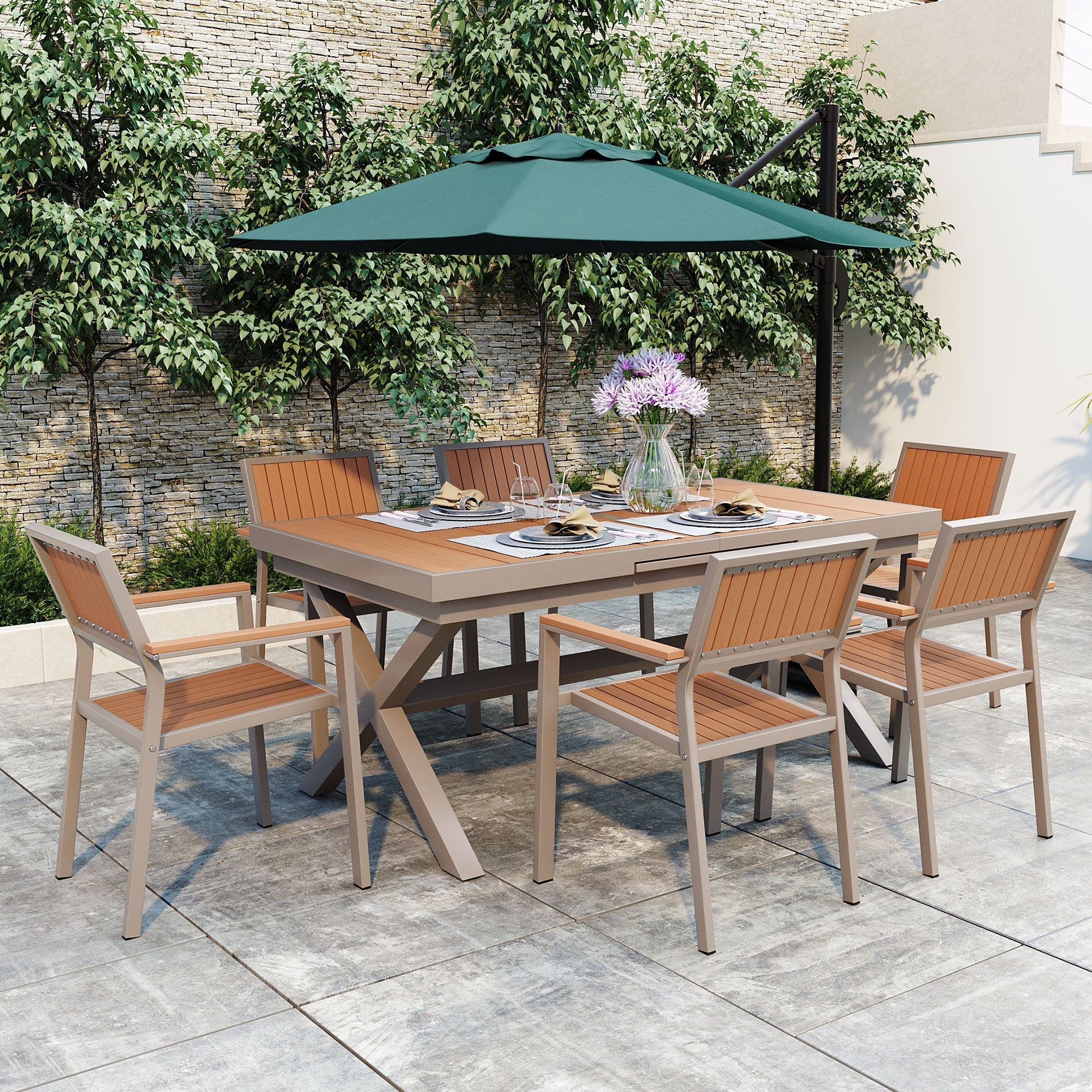 Flexible Outdoor Dining Set with Extendable Table and Six Chairs - Image 2