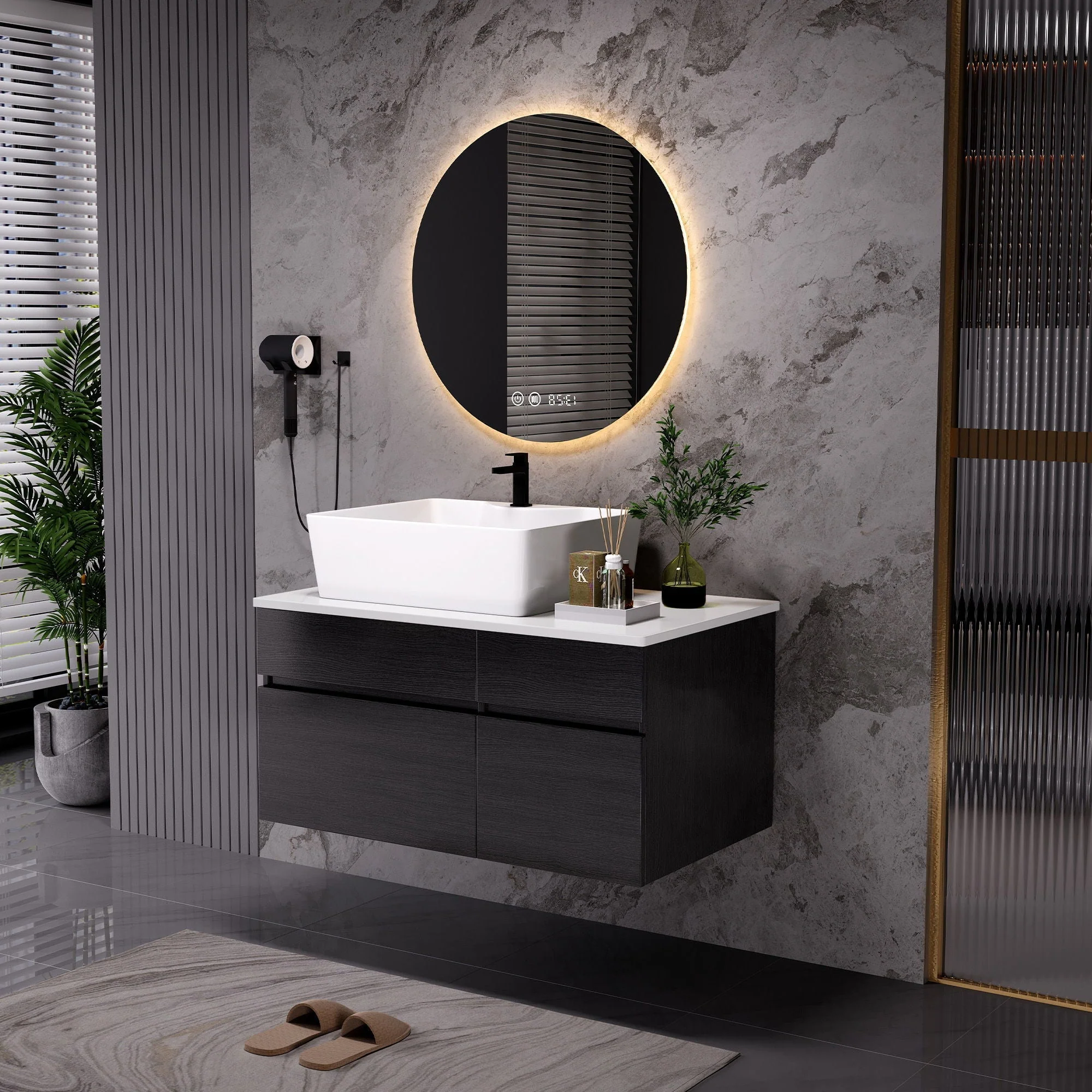 Floating Bathroom Vanity With Sink For Small Bathroom - White / Black - Image 3