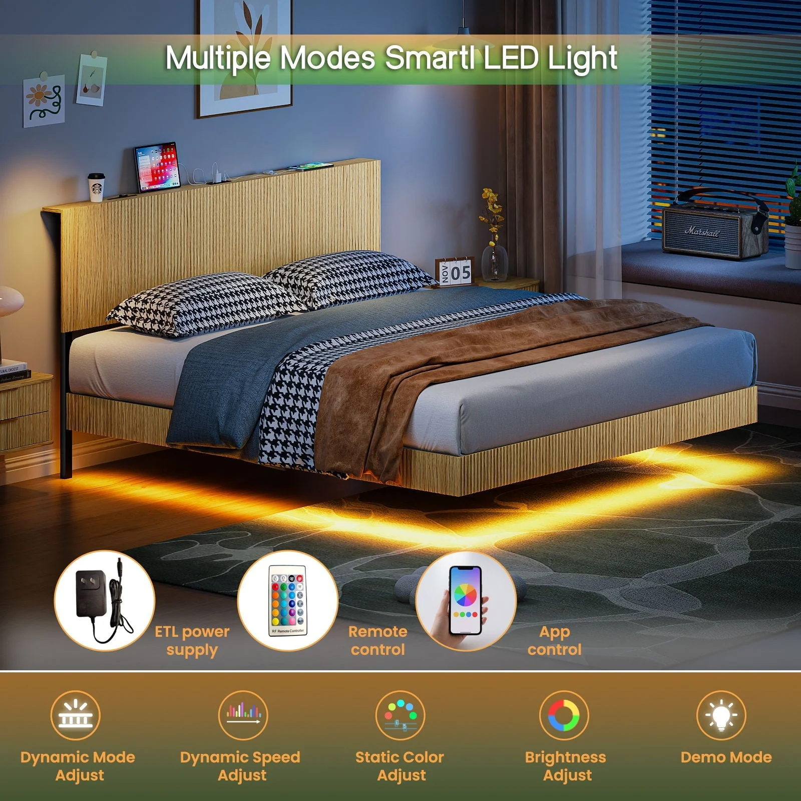 Floating Bedstead With Charging Station And LED Lights - Image 6