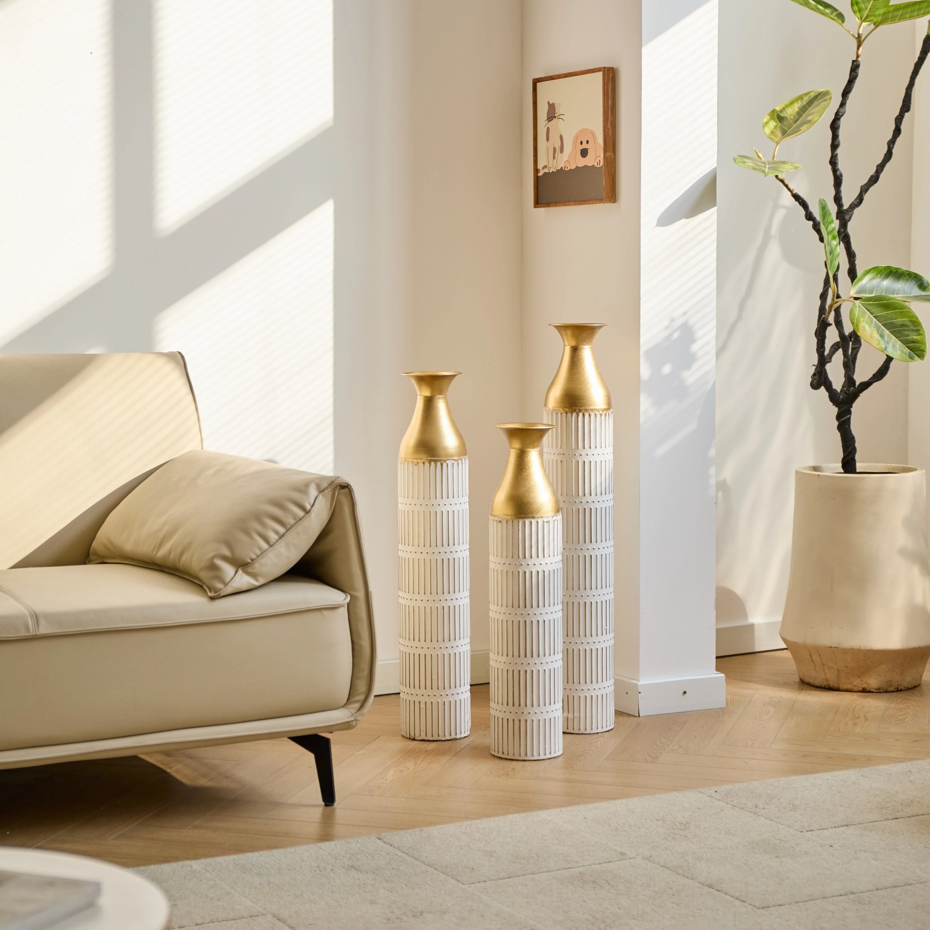 Floor Metal Vases Set of 3 - White with Gold Accents - Image 10